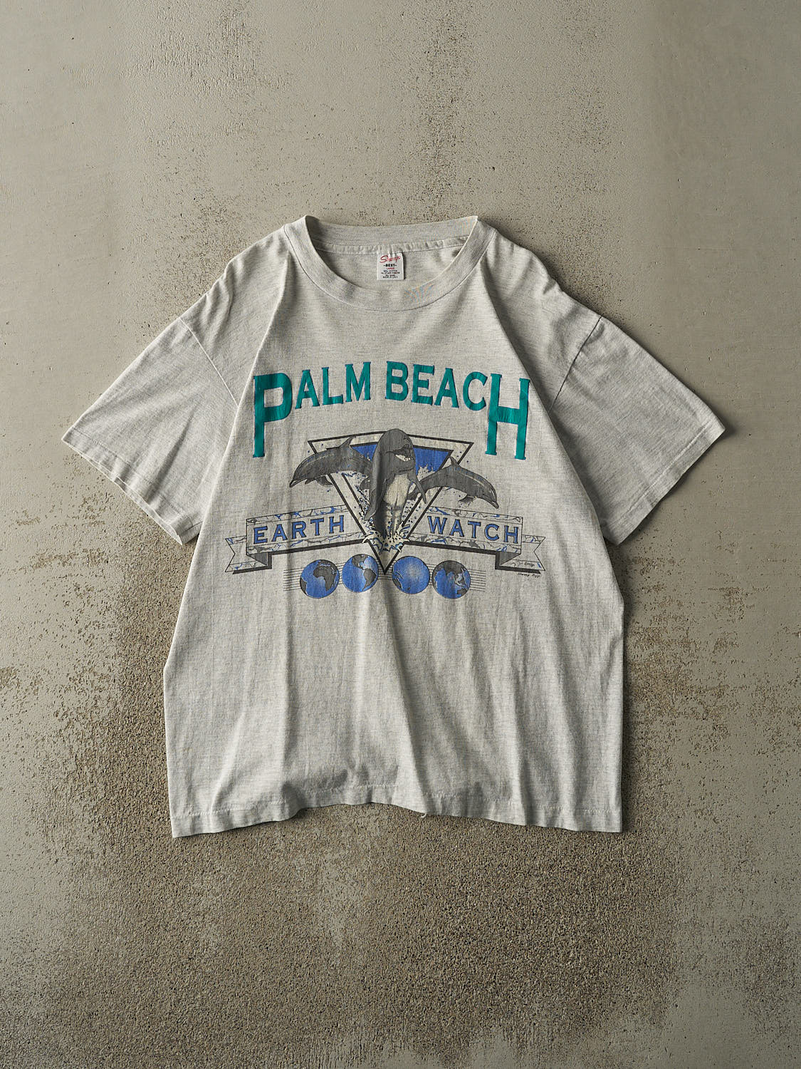 Vintage 90s Heather Grey Palm Beach Florida Earth Watch Single Stitch Tee (L)