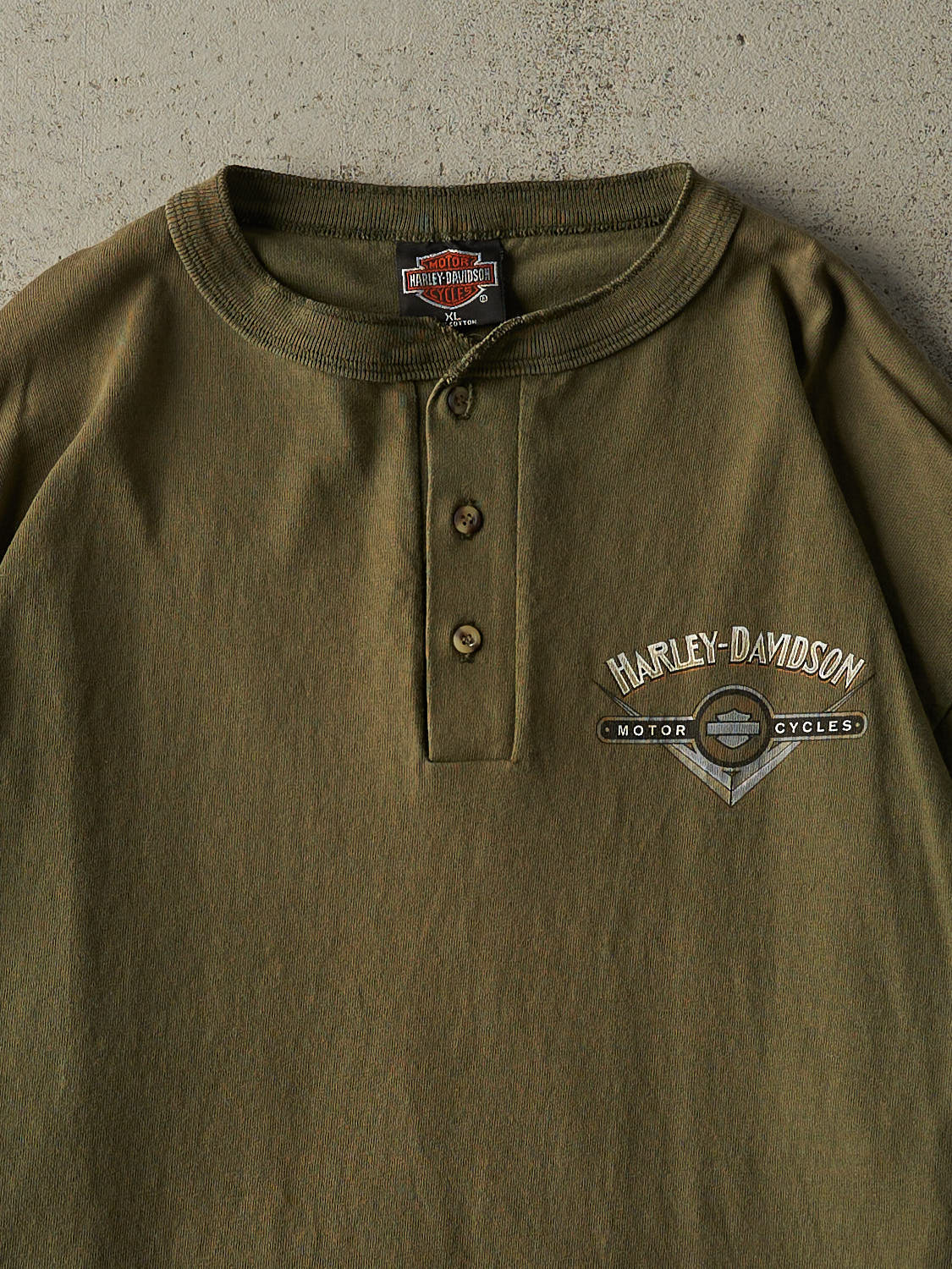 Vintage 95' Sun Faded Green San Diego Harley Davidson Quarter Button Long Sleeve (XL/XXL)