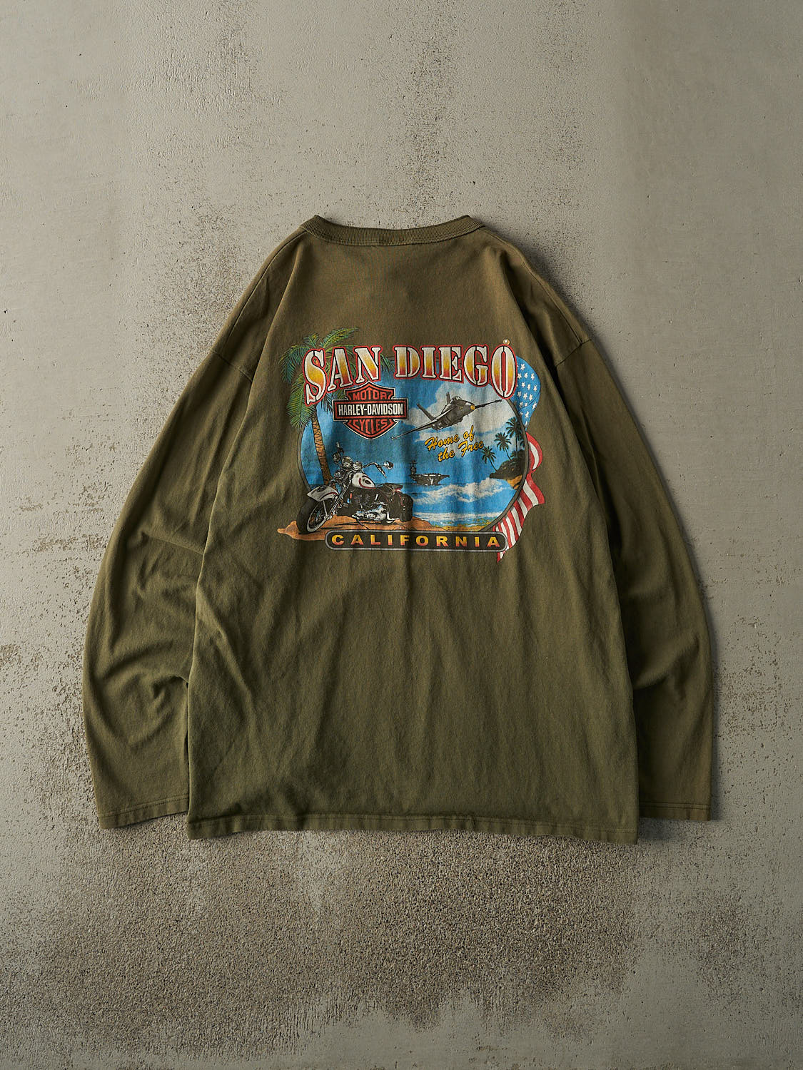Vintage 95' Sun Faded Green San Diego Harley Davidson Quarter Button Long Sleeve (XL/XXL)