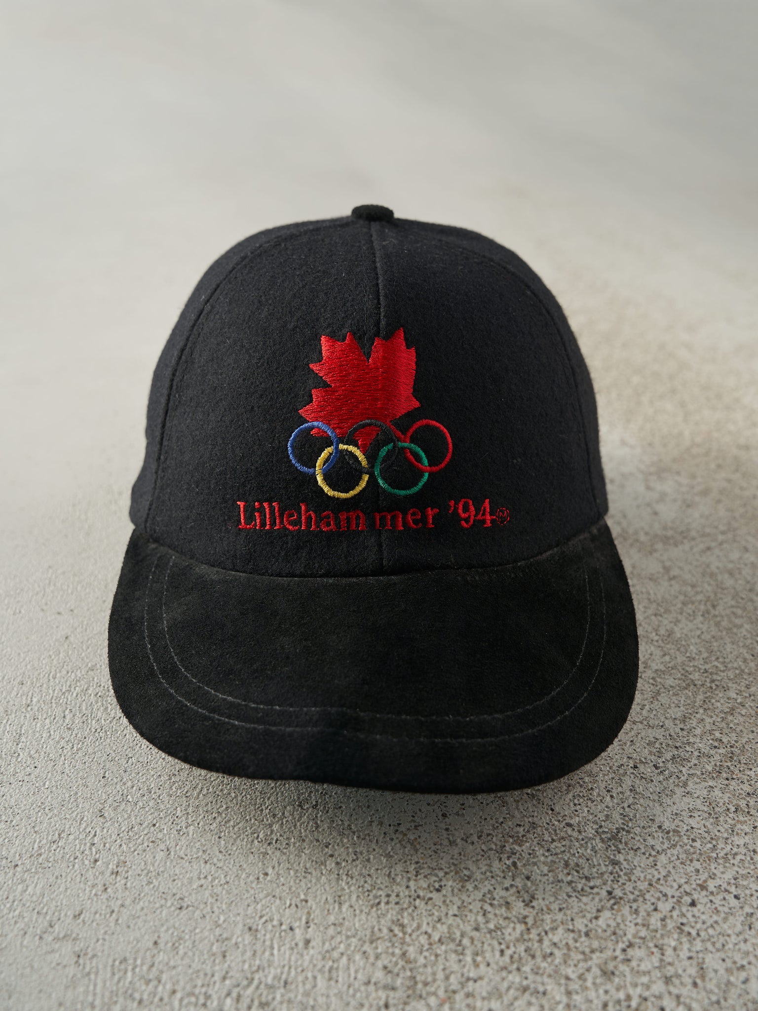 Vintage 94' Black Lilleham Mer Olympics Embroidered Leather Strap Back Hat