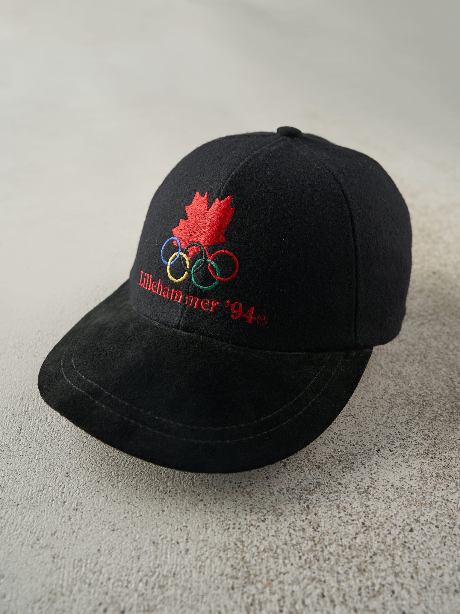 Vintage 94' Black Lilleham Mer Olympics Embroidered Leather Strap Back Hat