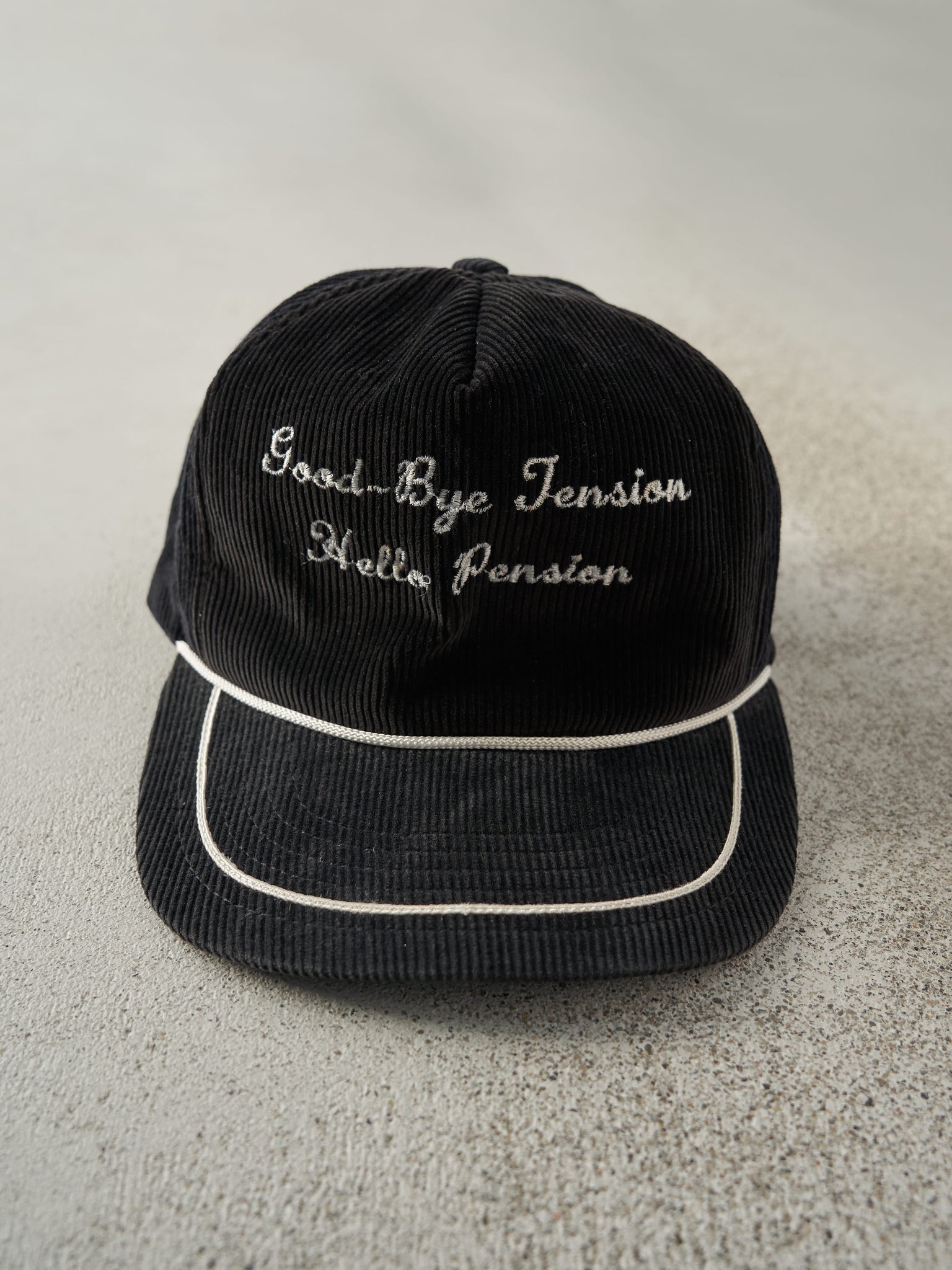 Vintage 80s Black "Hello Pension" Embroidered Corduroy Snapback Hat