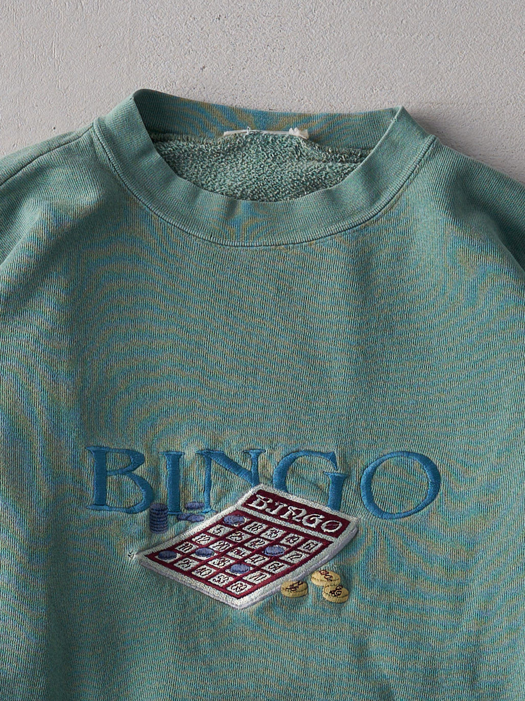 Vintage 90s Washed Green Bingo Embroidered Crewneck (L)