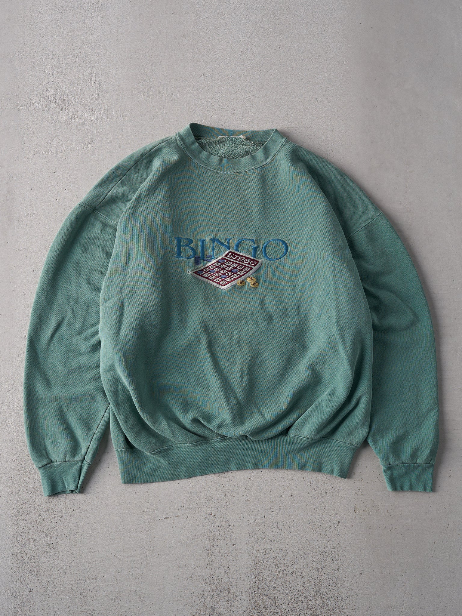 Vintage 90s Washed Green Bingo Embroidered Crewneck (L)