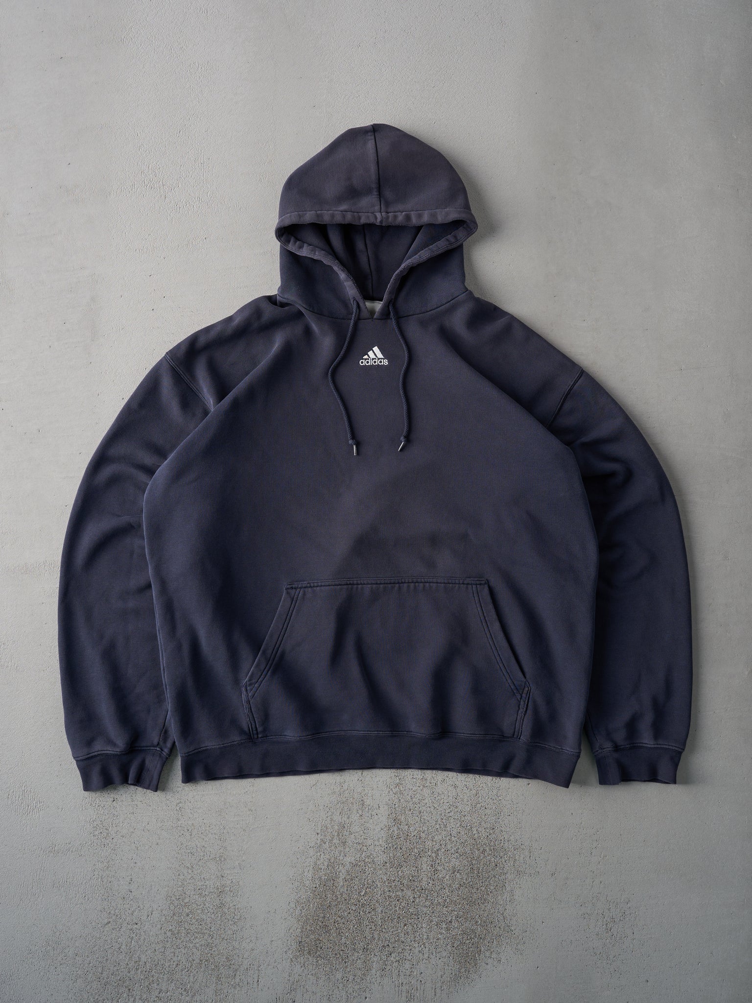 Vintage 90s Faded Navy Adidas Centre Emblem Hoodie (XL)