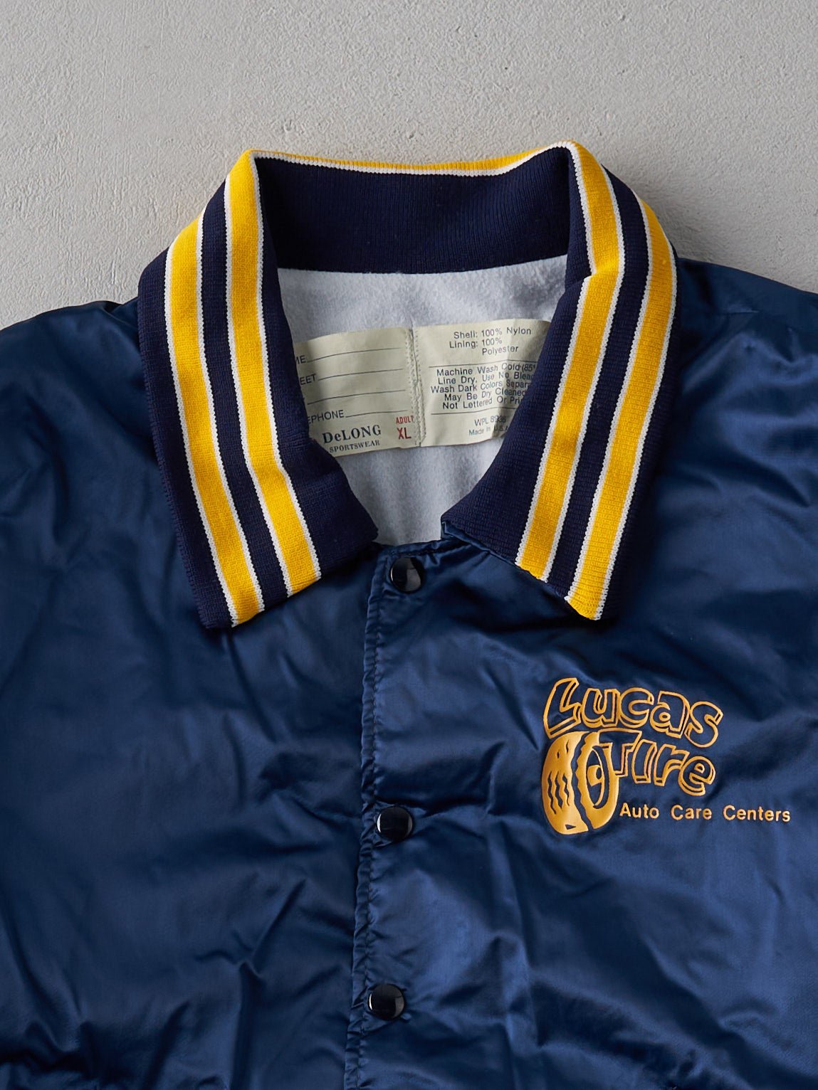 Vintage 70s Navy Blue Lucas Tire Nylon Bomber Jacket (L)