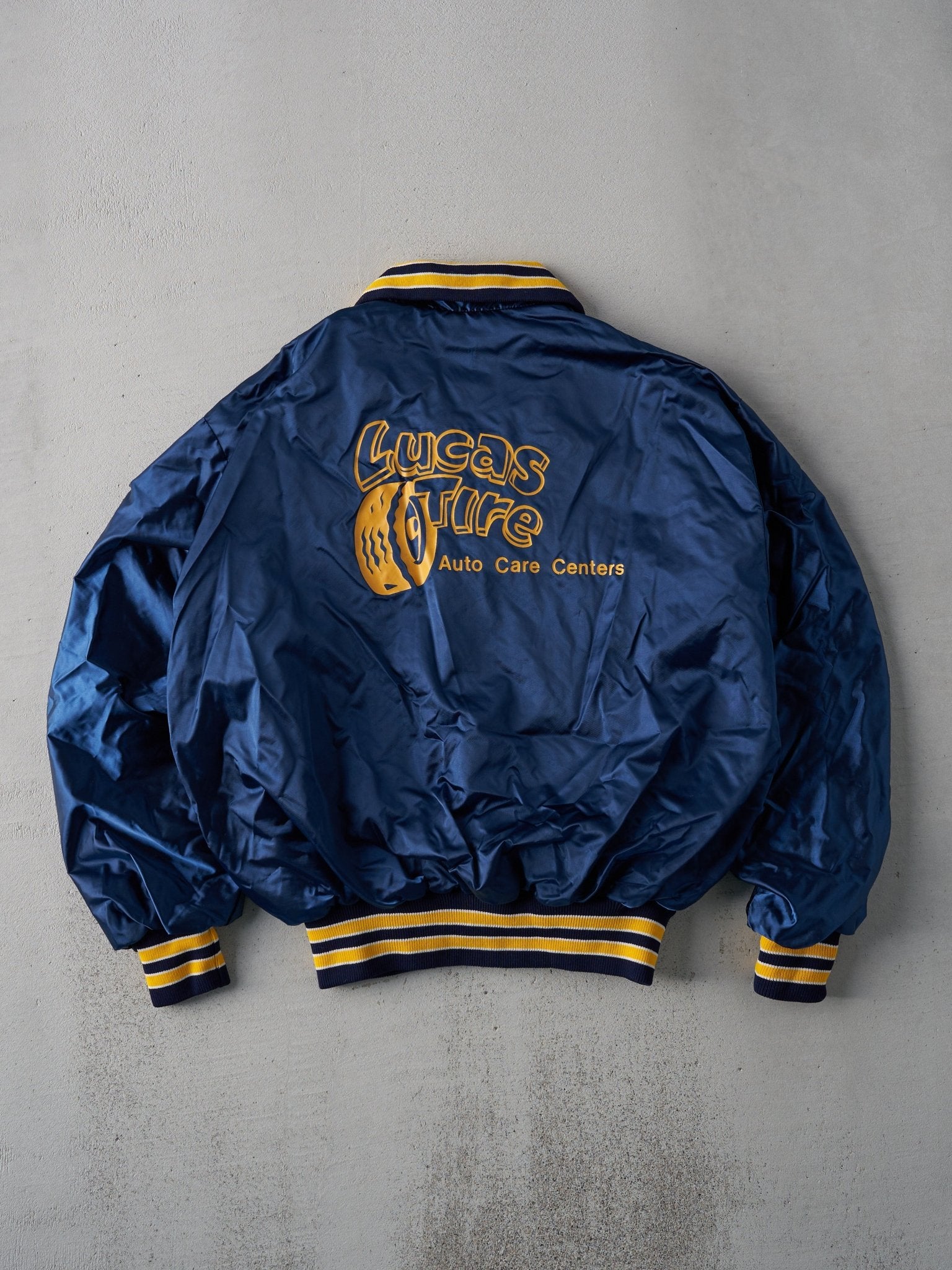 Vintage 70s Navy Blue Lucas Tire Nylon Bomber Jacket (L)
