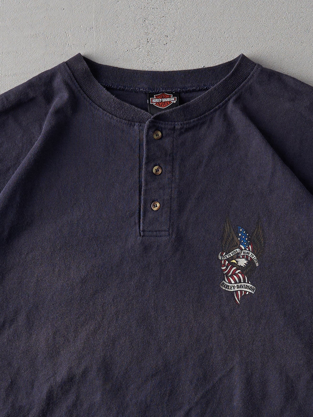 Vintage Navy Harley Davidson Bridgewater, MA Quarter Button Shirt (L/XL)