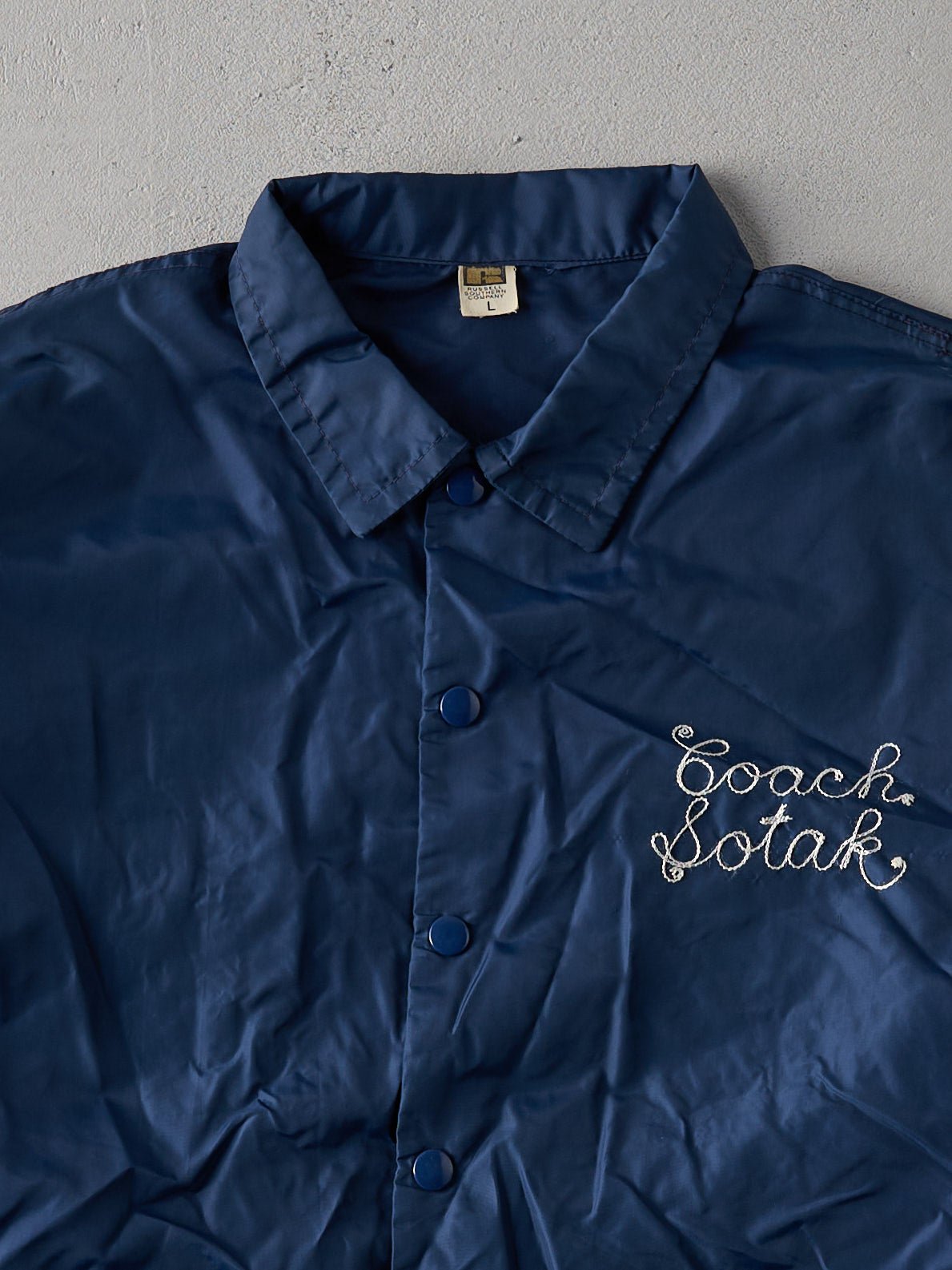Vintage 70s Navy Chain Stitched Wrestling Coaches Jacket (L)
