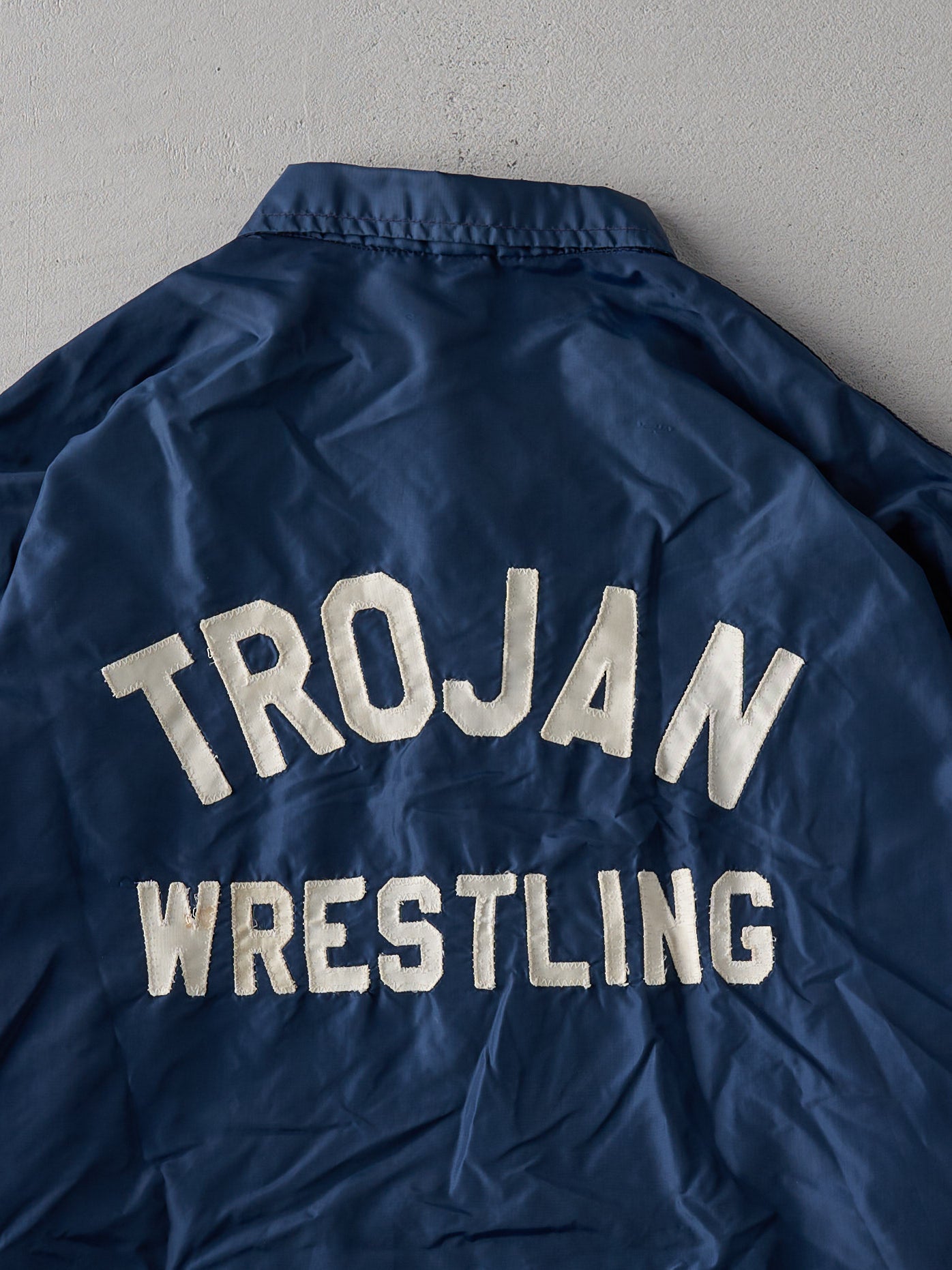 Vintage 70s Navy Chain Stitched Wrestling Coaches Jacket (L)