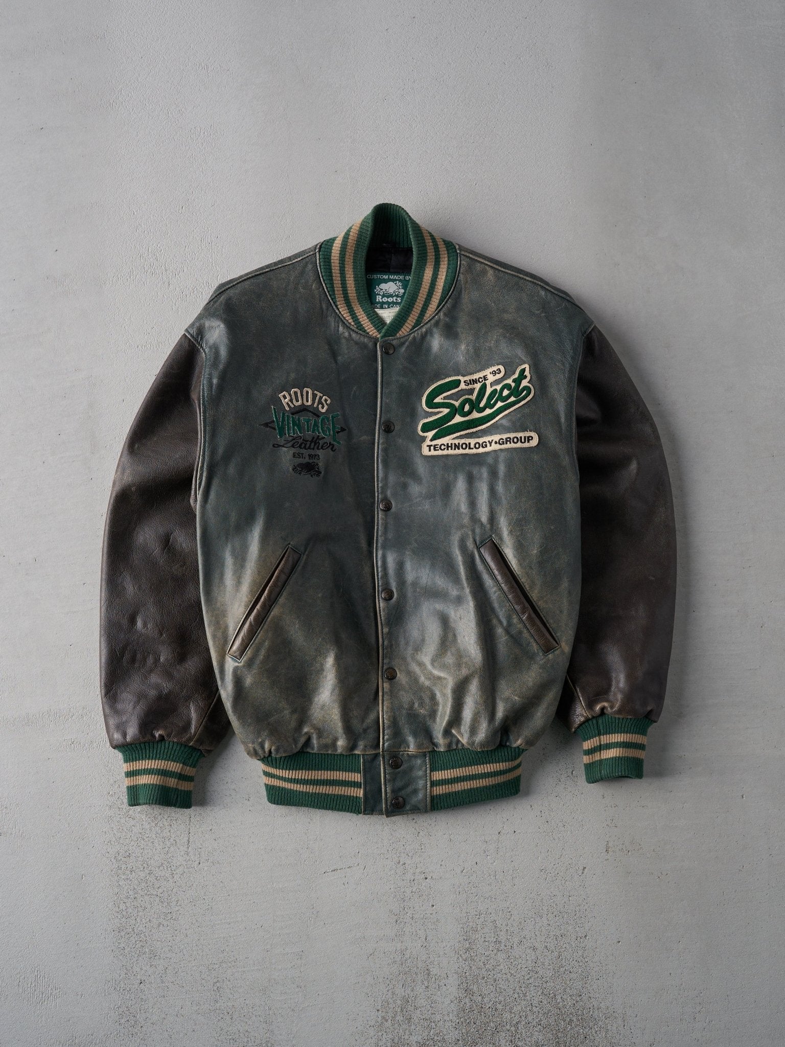 Vintage 90s Green and Brown Roots Leather Varsity Jacket (S/M)