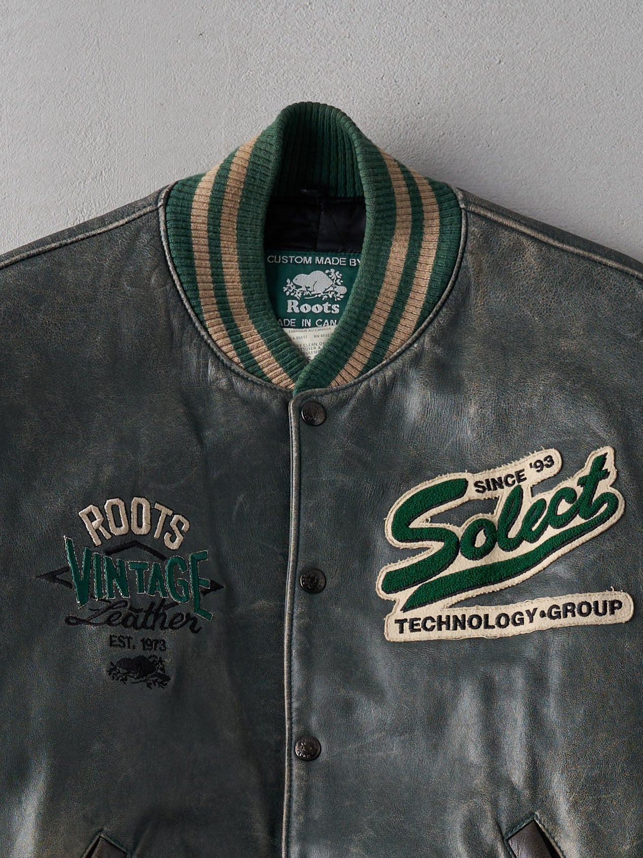 Vintage 90s Green and Brown Roots Leather Varsity Jacket (S/M)