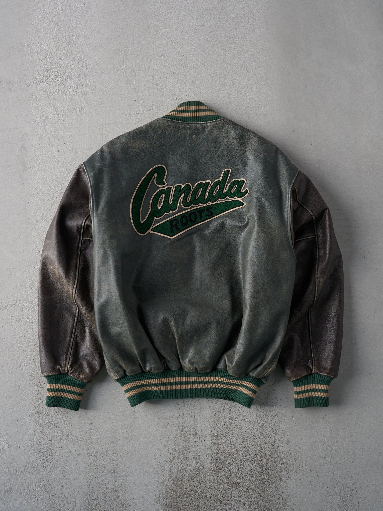 Vintage 90s Green and Brown Roots Leather Varsity Jacket (S/M)