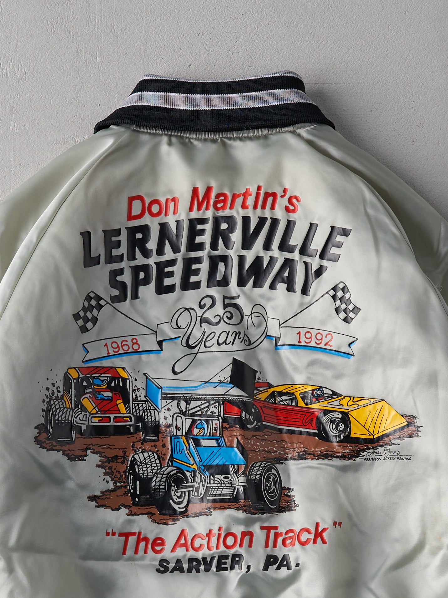 Vintage 90s Silver Lernerville Speedway Satin Bomber (M)