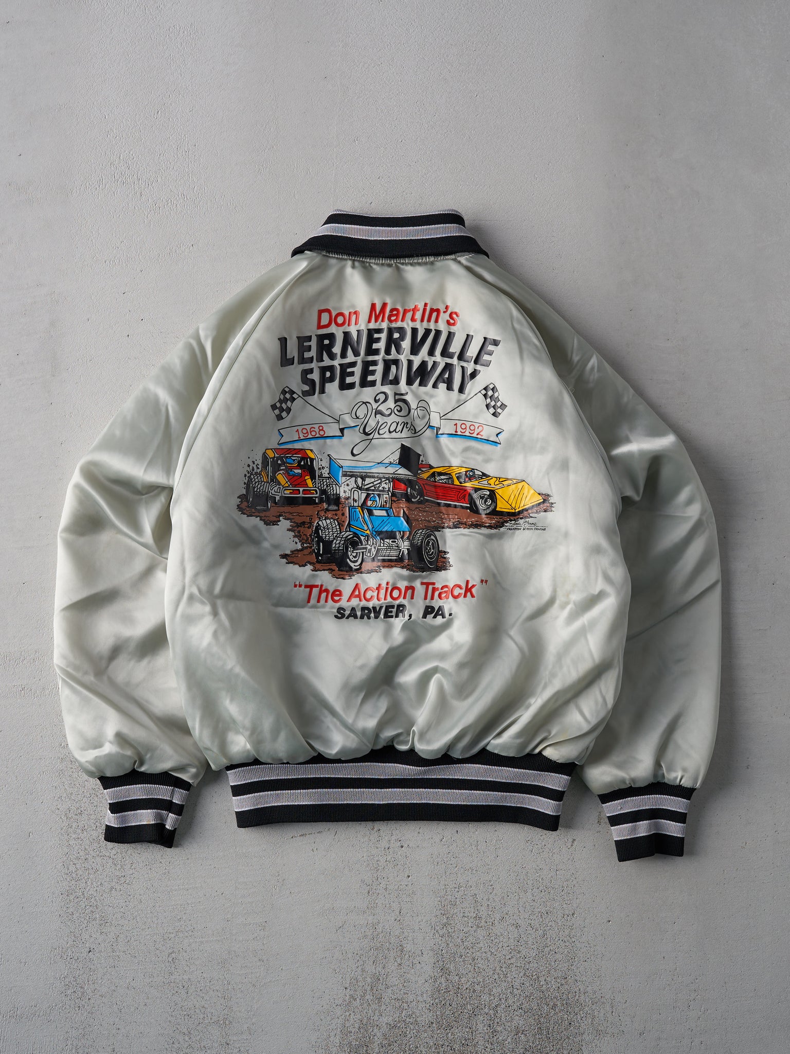 Vintage 90s Silver Lernerville Speedway Satin Bomber (M)