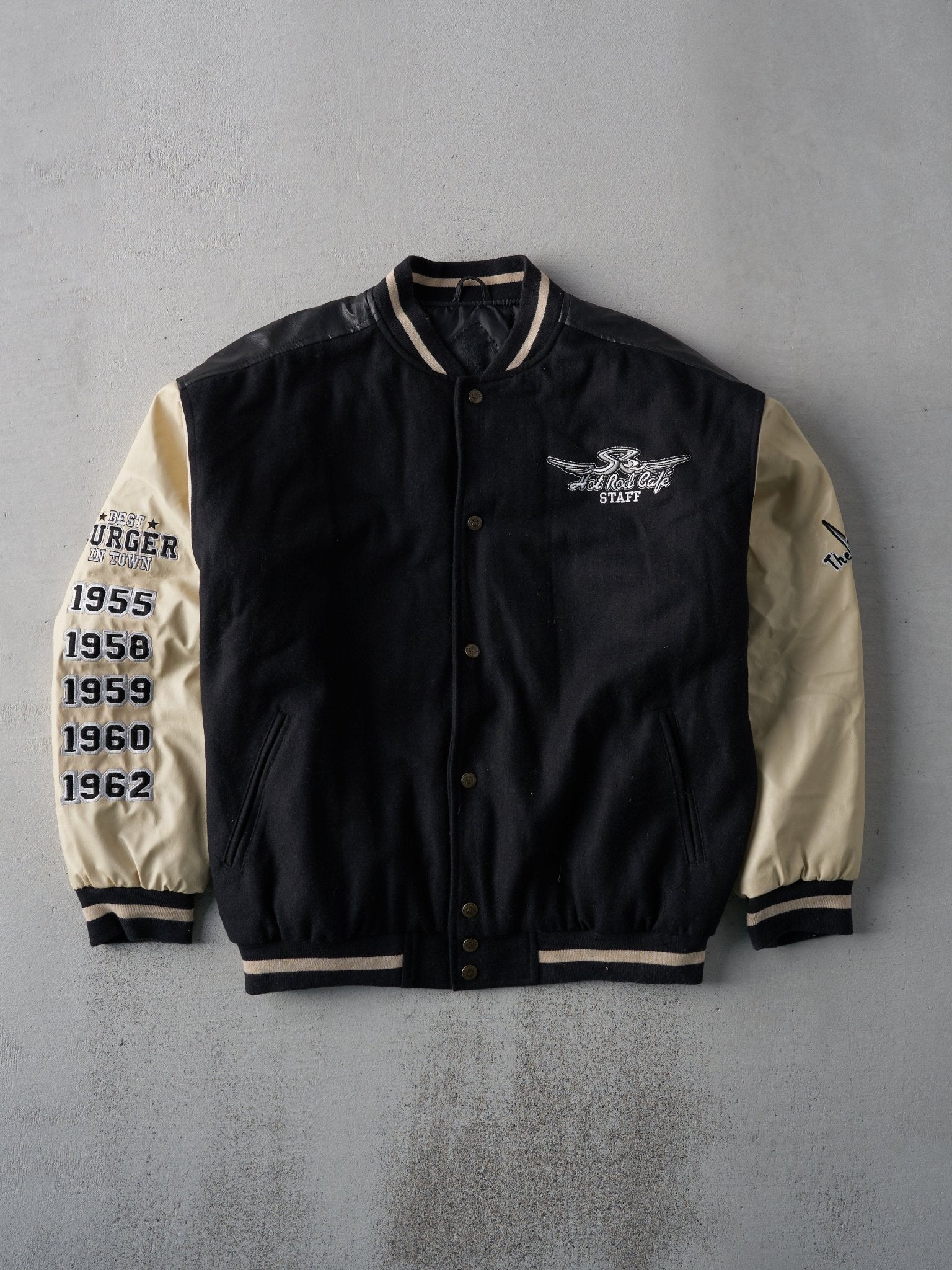 Vintage 90s Black and Beige Hot Rod Cafe Varsity Jacket (L)