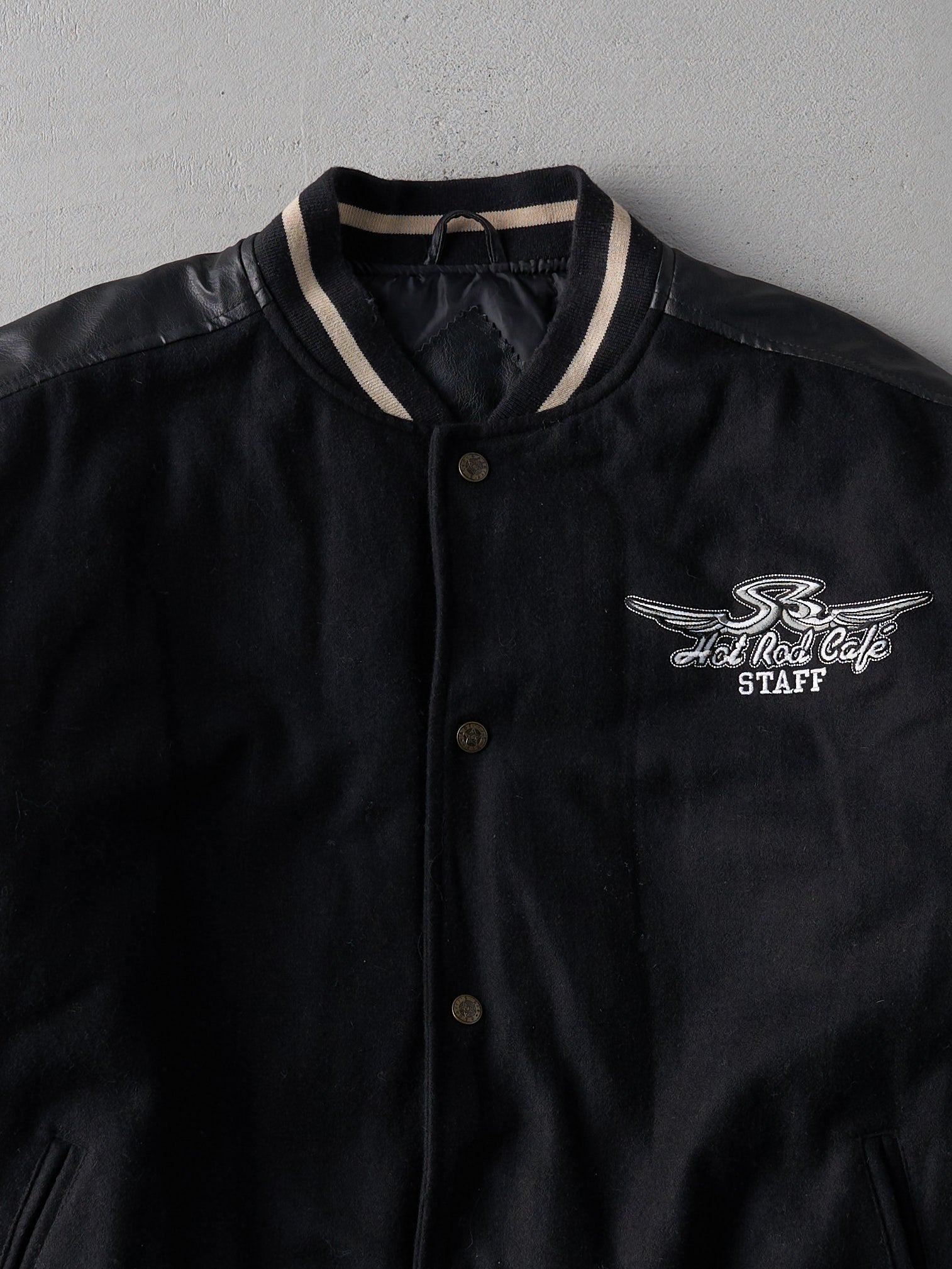 Vintage 90s Black and Beige Hot Rod Cafe Varsity Jacket (L)