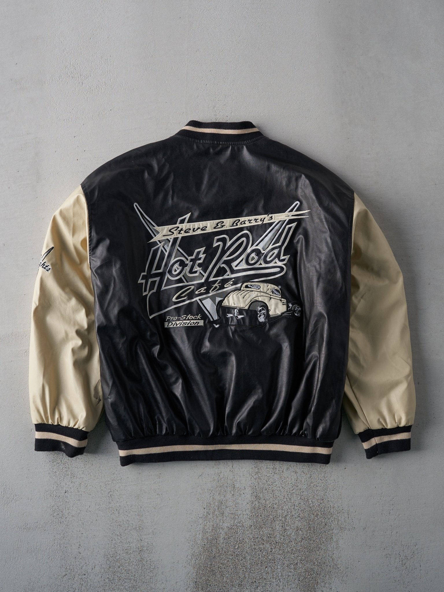 Vintage 90s Black and Beige Hot Rod Cafe Varsity Jacket (L)