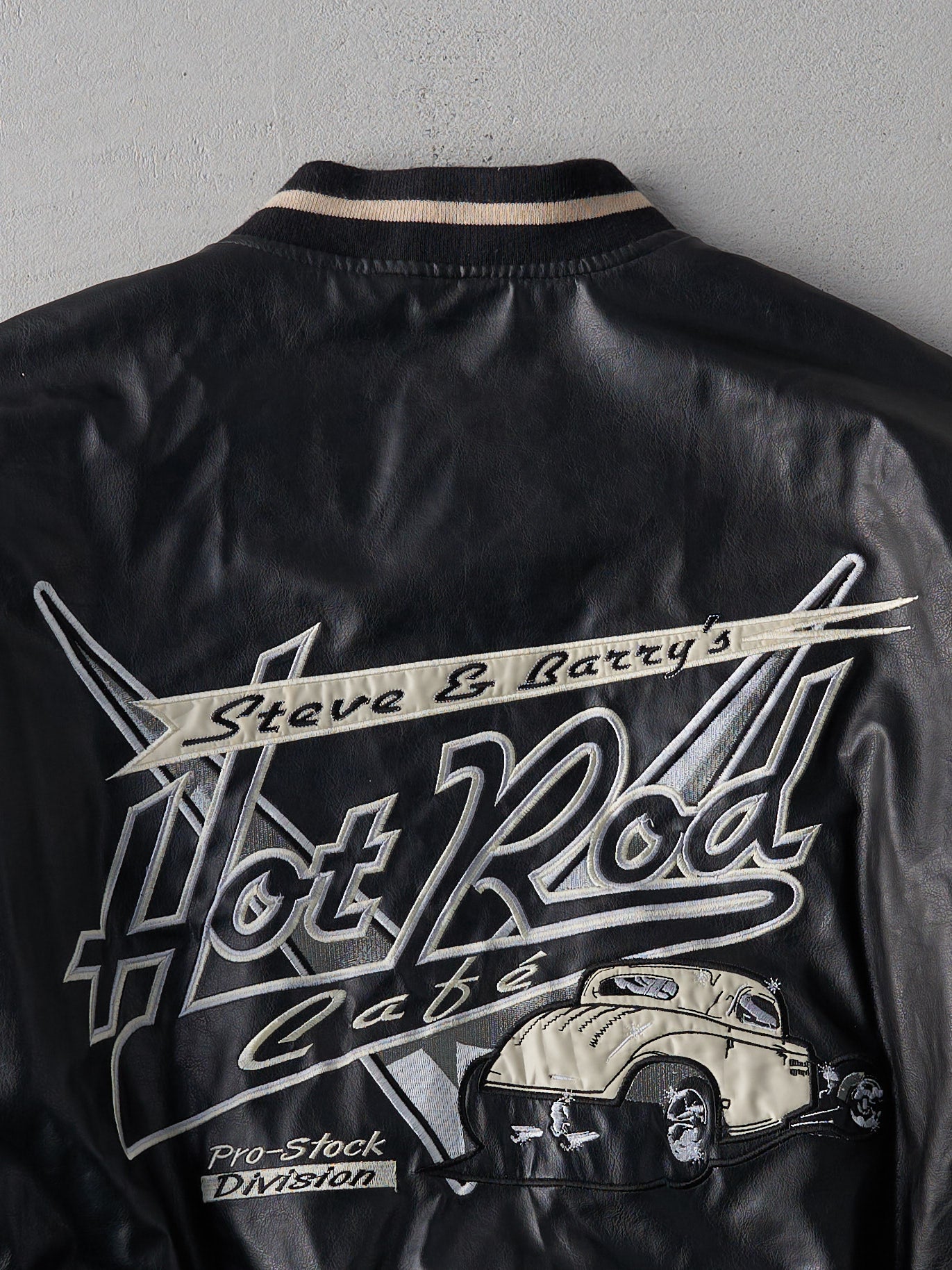 Vintage 90s Black and Beige Hot Rod Cafe Varsity Jacket (L)