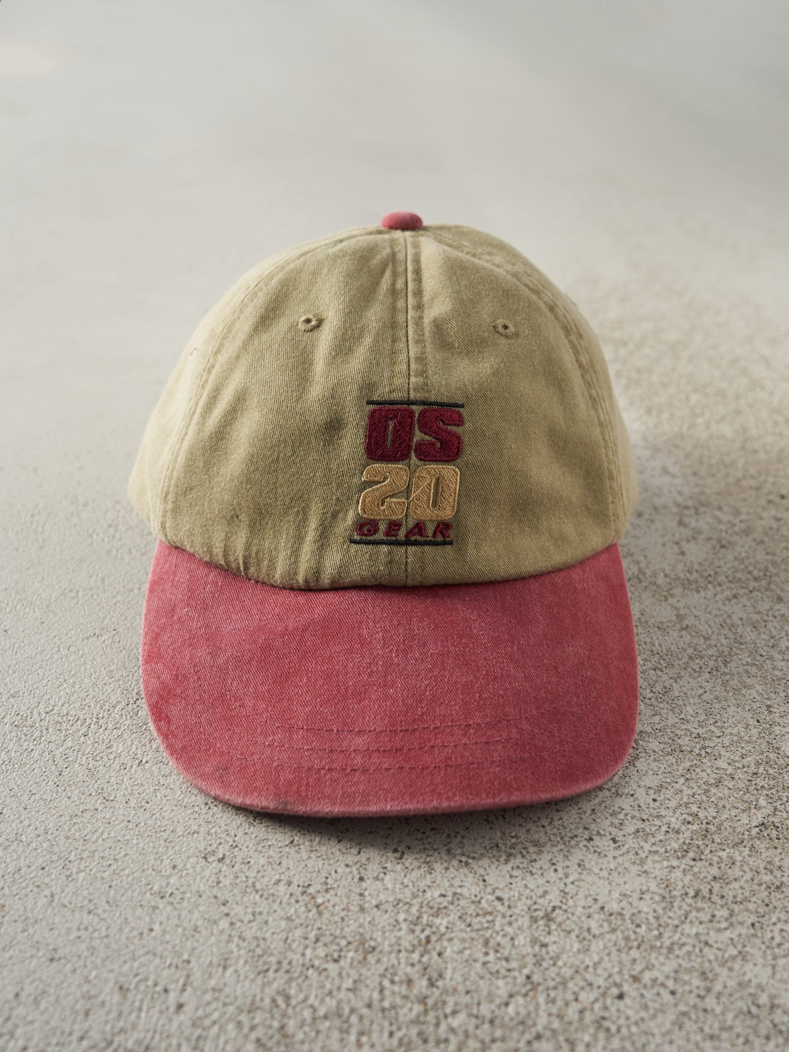 Vintage 90s Beige & Red Embroidered OS 20 Gear Leather Strapback