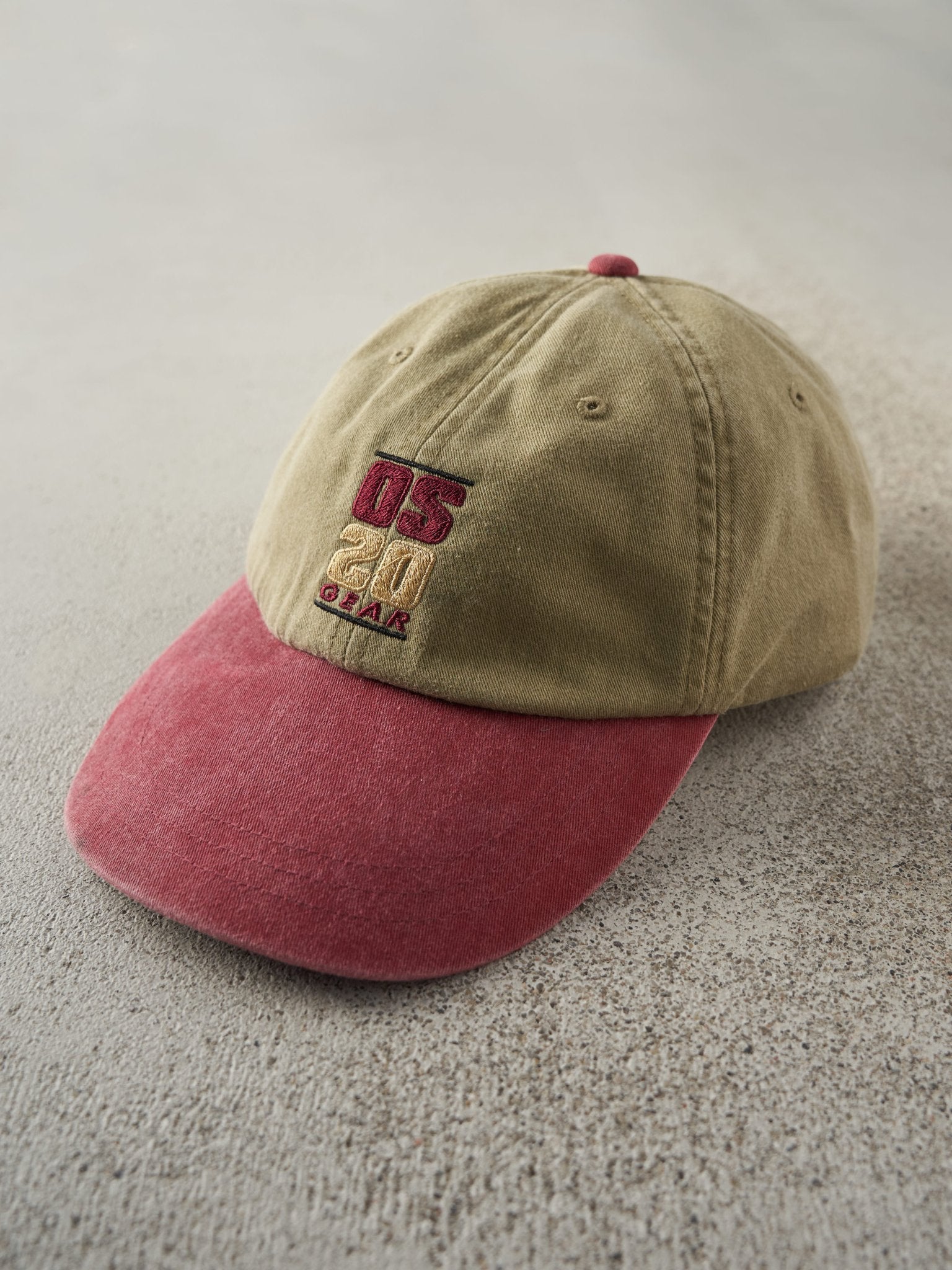 Vintage 90s Beige & Red Embroidered OS 20 Gear Leather Strapback