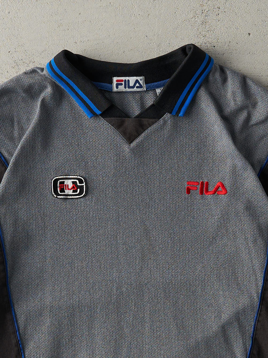 Vintage 90s Grey, Black & Red Fila Mechanic Collared Shirt (L)