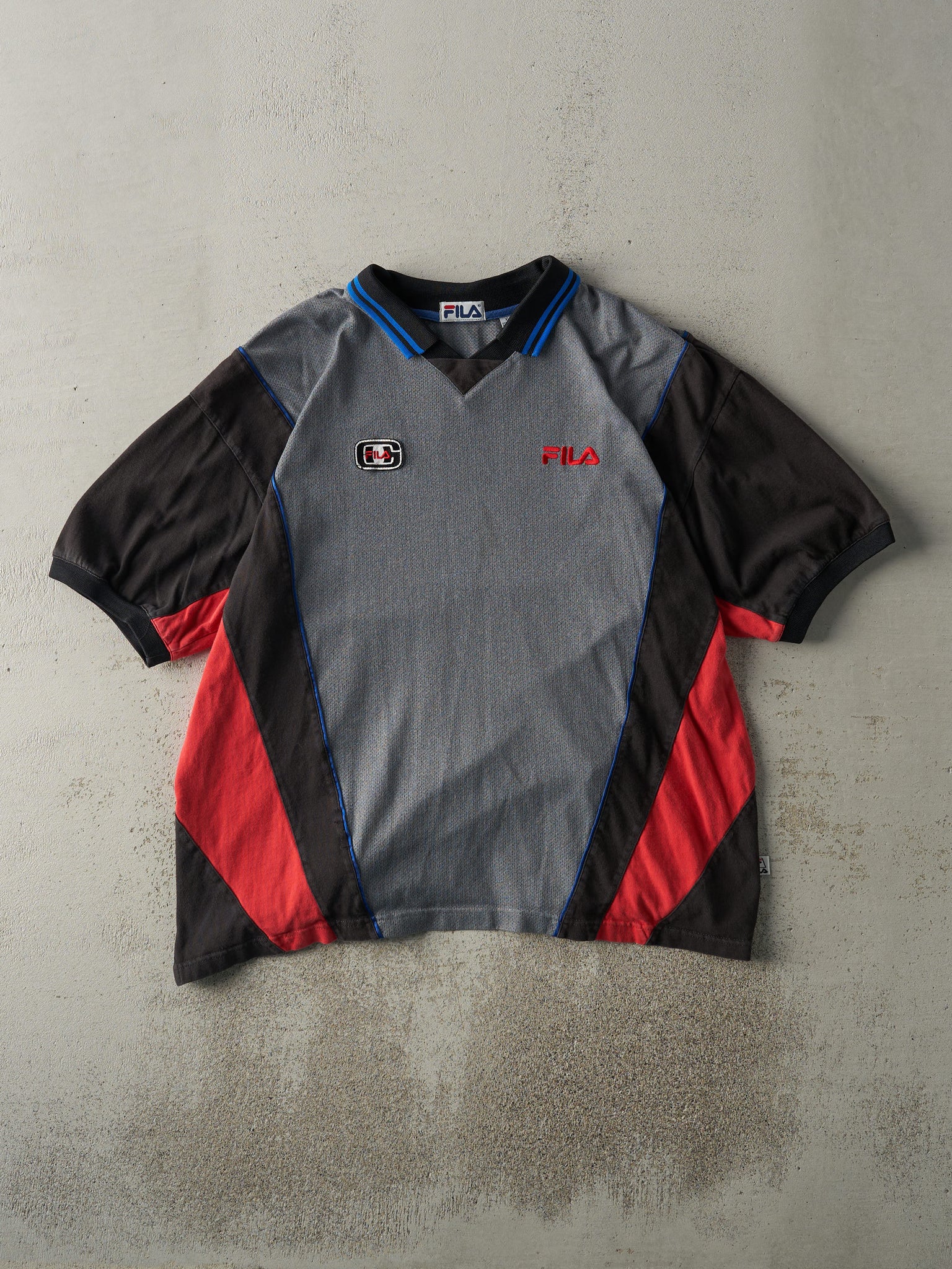 Vintage 90s Grey, Black & Red Fila Mechanic Collared Shirt (L)