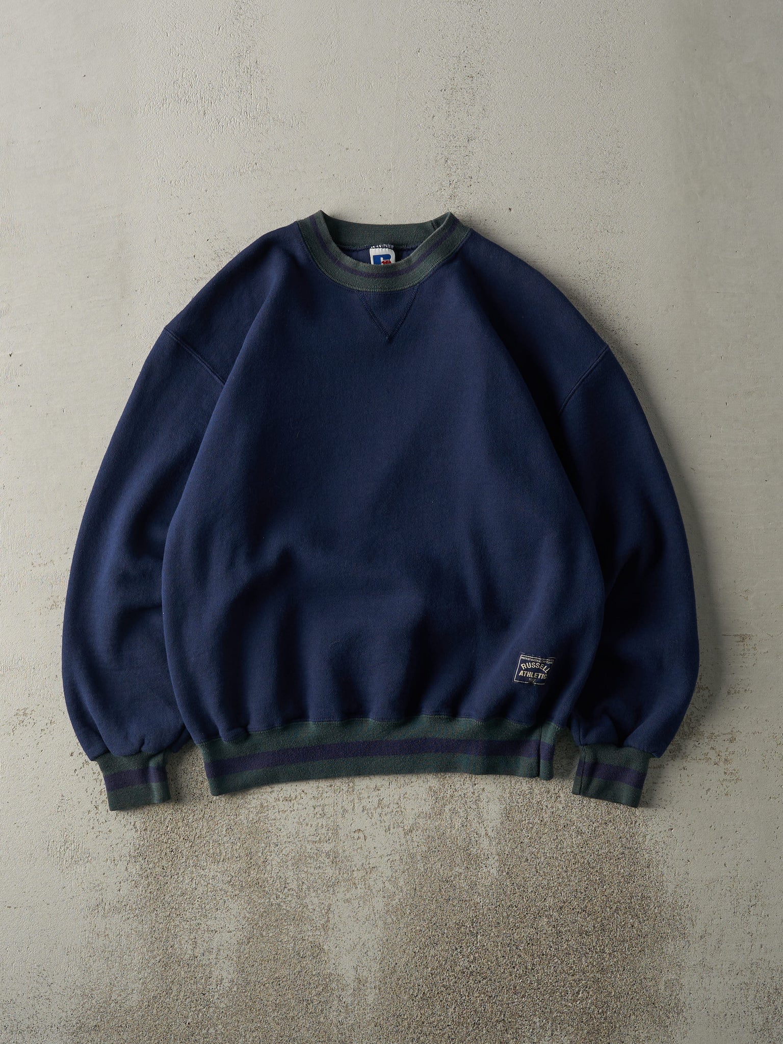 Vintage 90s Navy Blue & Green Russell Athletic Blank Crewneck (M)