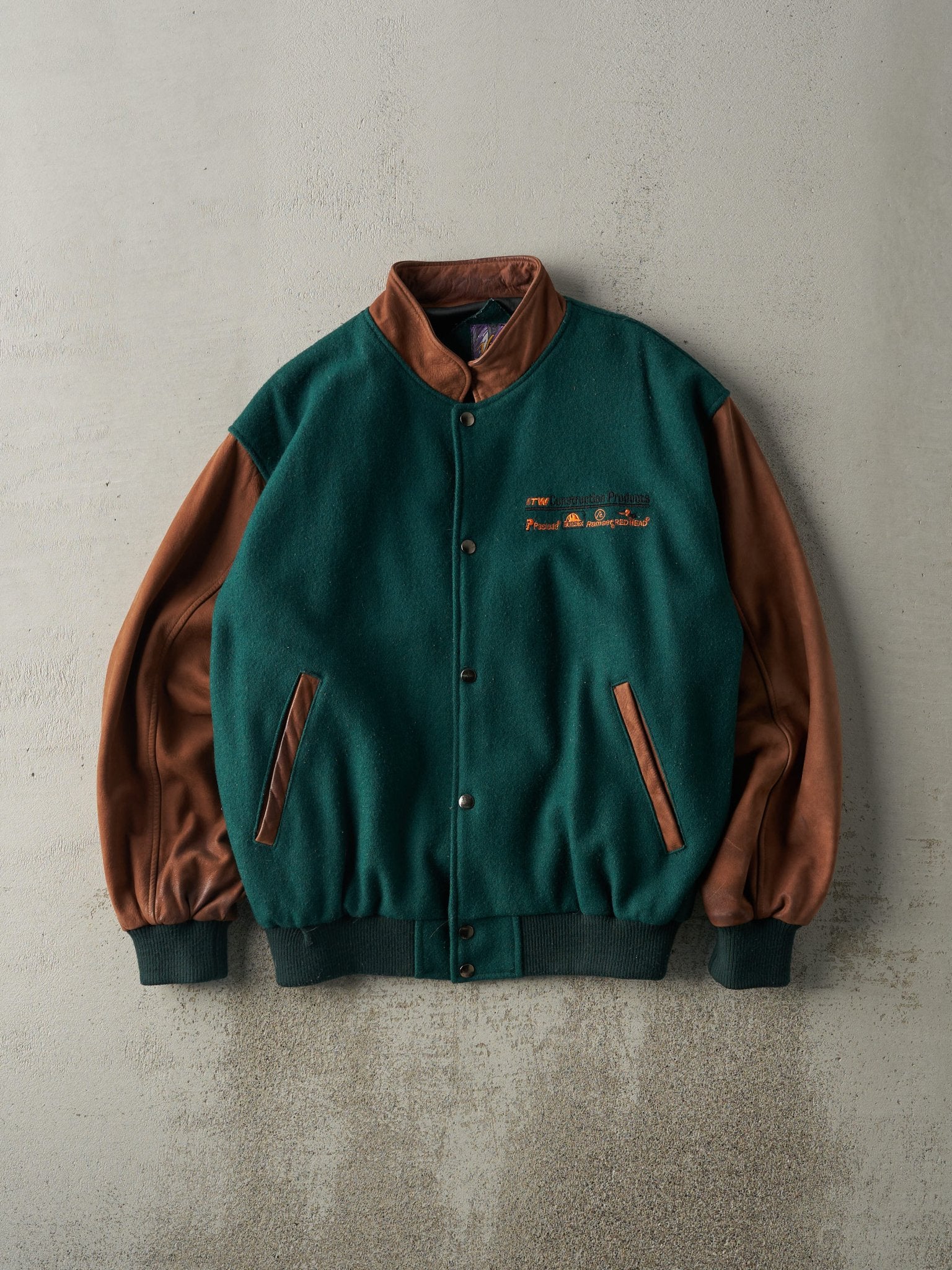 Vintage 90s Green Embroidered ITW Construction Varsity Jacket (L)