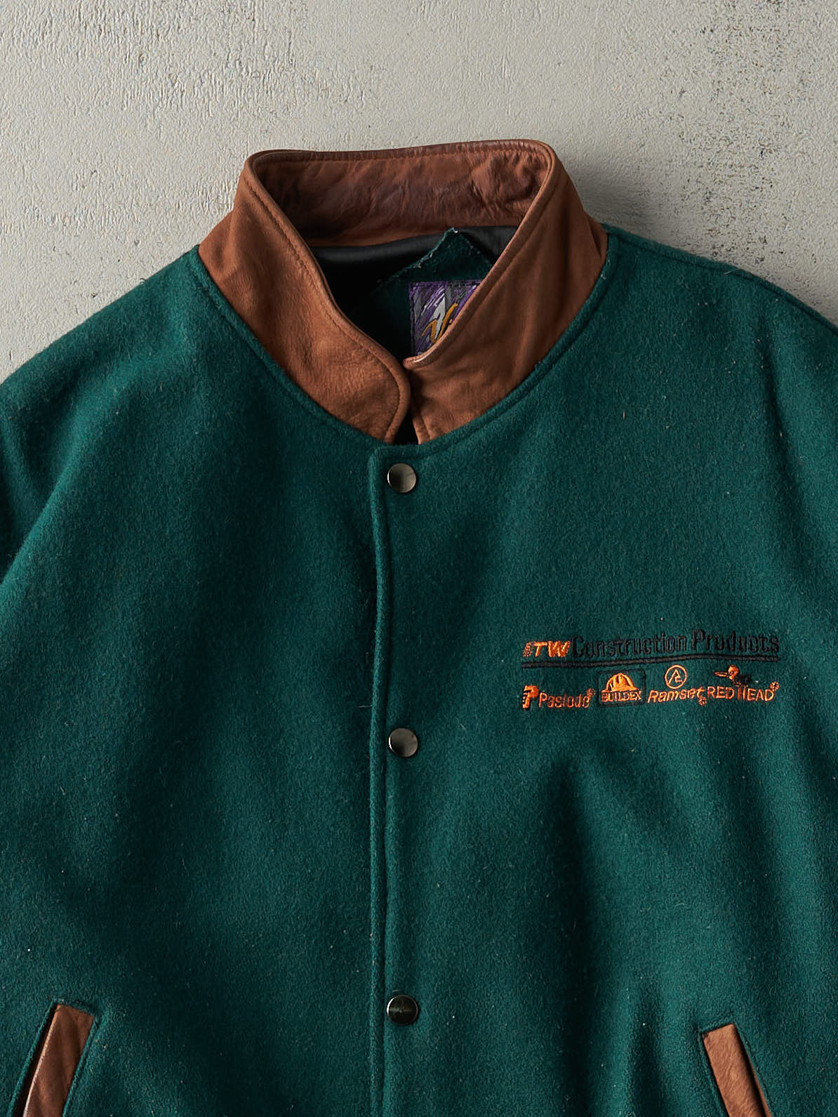 Vintage 90s Green Embroidered ITW Construction Varsity Jacket (L)