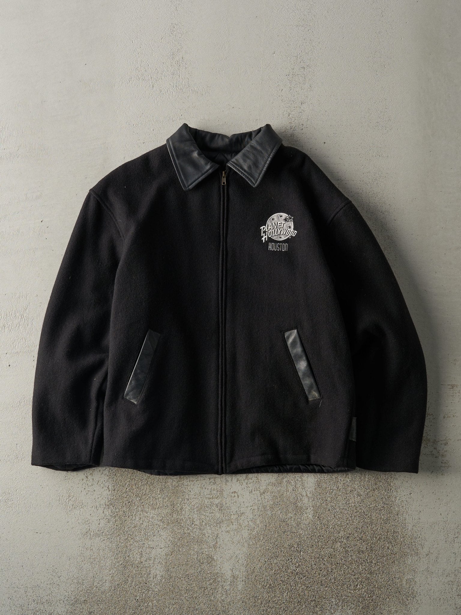 Vintage 90s Black Embroidered Planet Hollywood Quilt Lined Wool Jacket (M/L)
