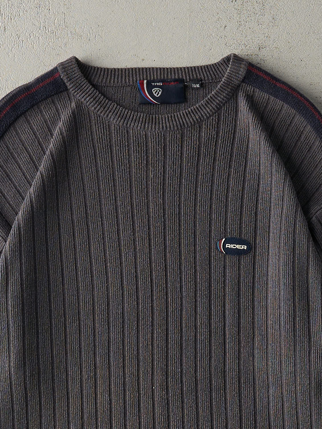 Vintage Y2K Grey & Navy Striped Thermal Long Sleeve (L)