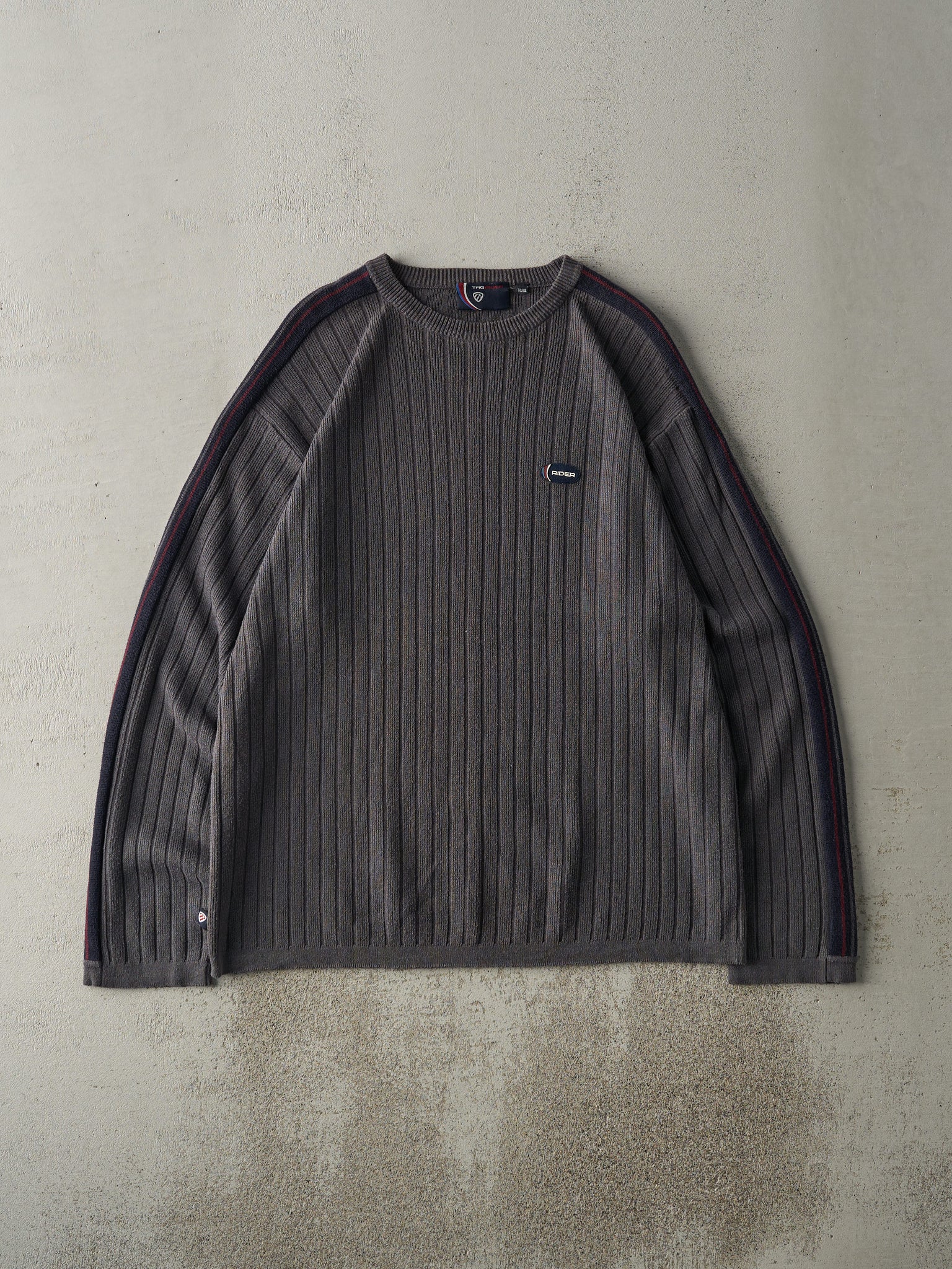 Vintage Y2K Grey & Navy Striped Thermal Long Sleeve (L)