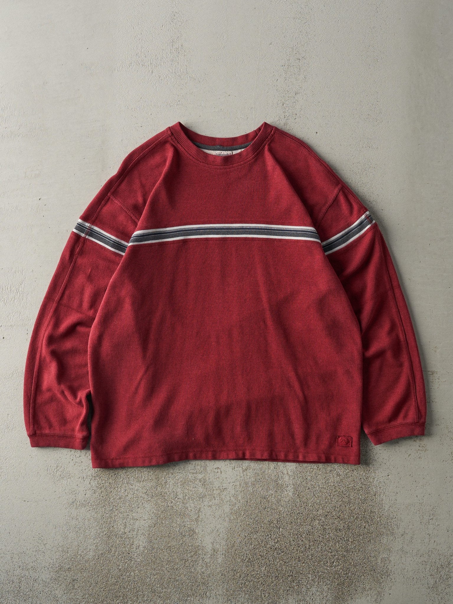 Vintage Y2K Red & Grey Striped Thermal Long Sleeve (L)