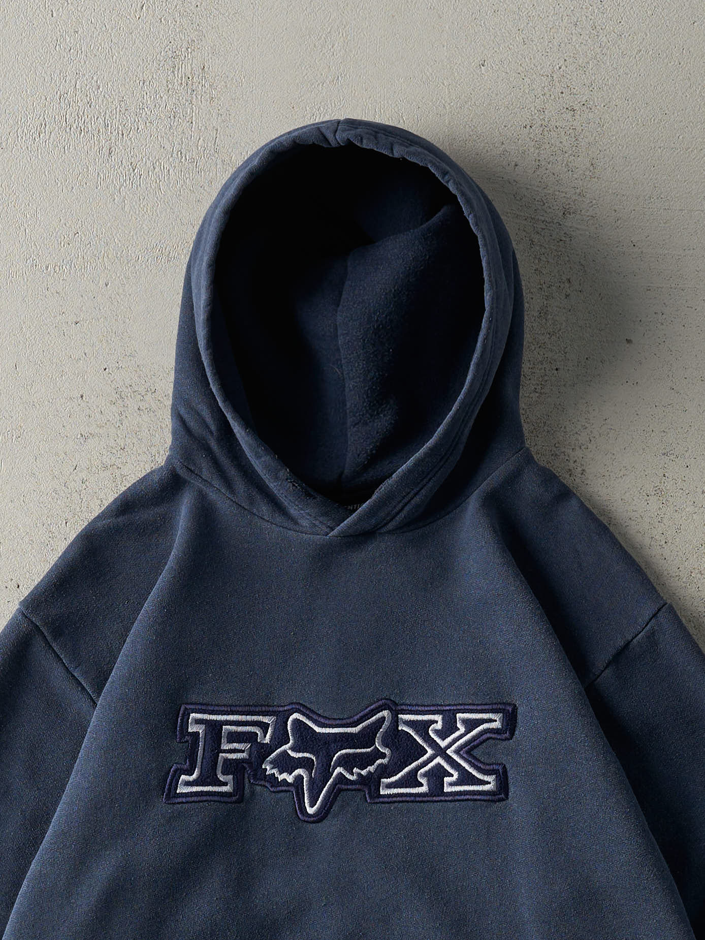 Vintage Y2K Navy Blue Embroidered Fox Racing Hoodie (M)