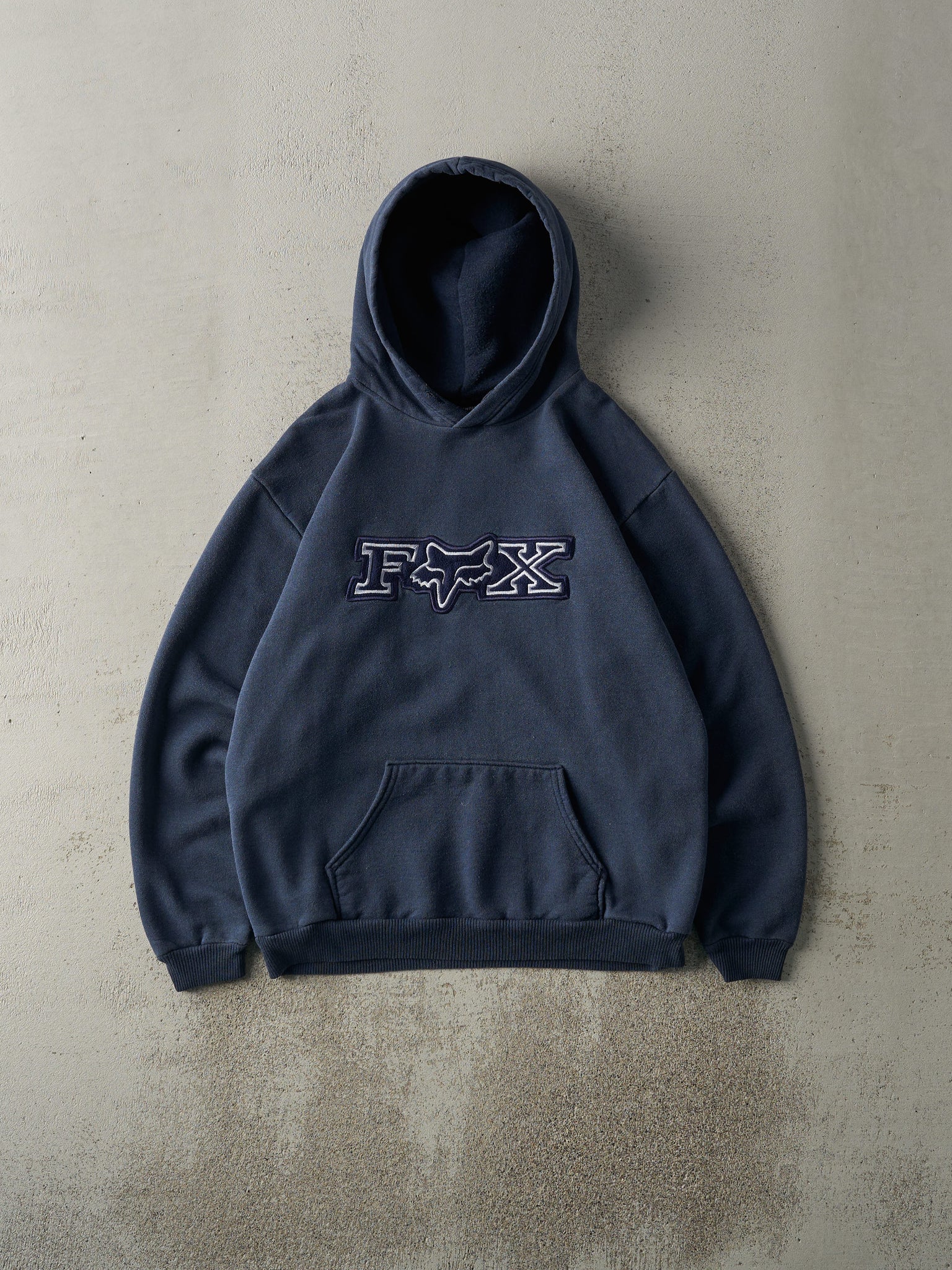 Vintage Y2K Navy Blue Embroidered Fox Racing Hoodie (M)