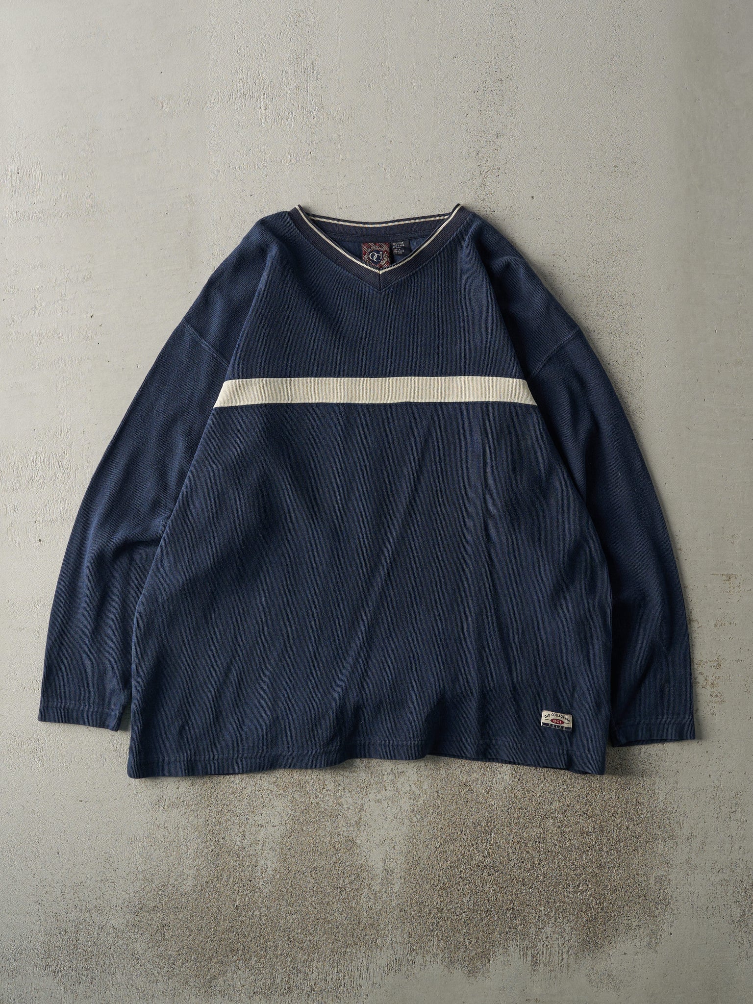 Vintage Y2K Navy Blue & Beige Thermal Long Sleeve (L)