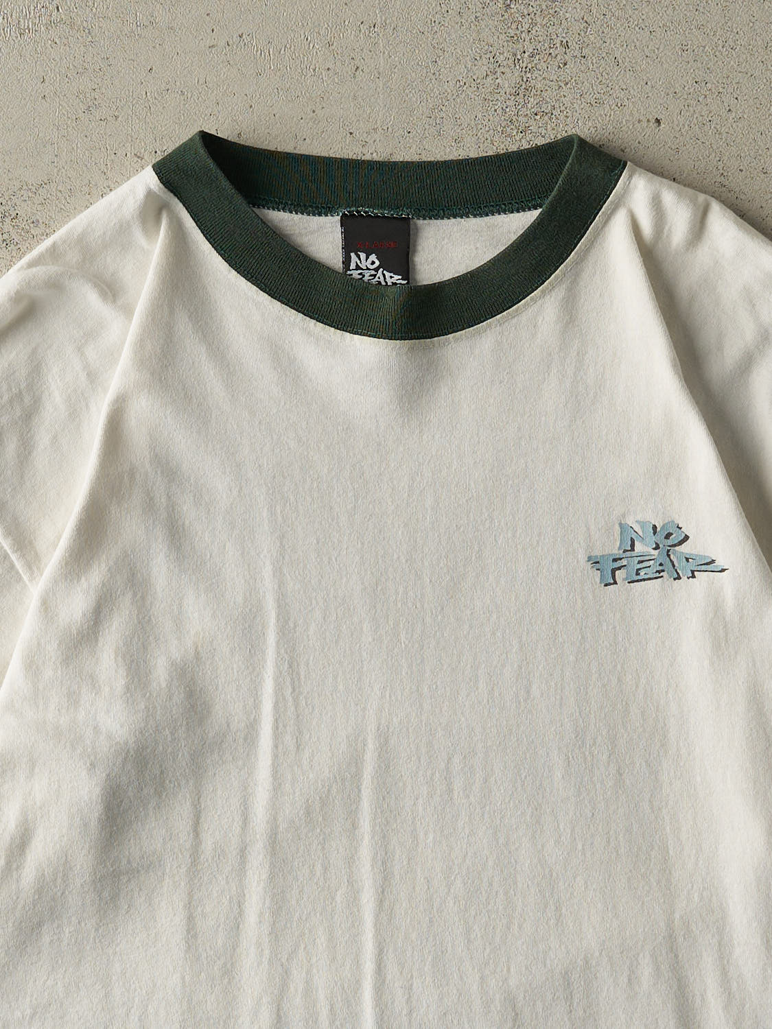 Vintage Y2K White & Green No Fear "I Come Here To Win" Slogan Ringer Tee (XL)