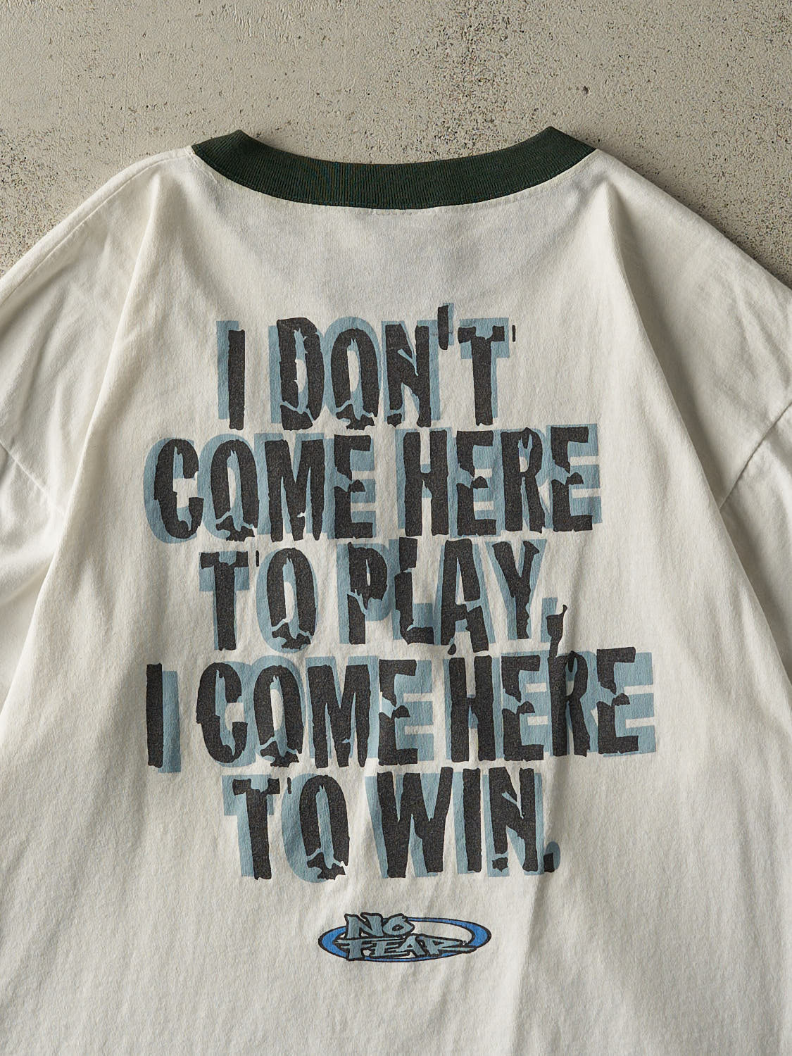 Vintage Y2K White & Green No Fear "I Come Here To Win" Slogan Ringer Tee (XL)