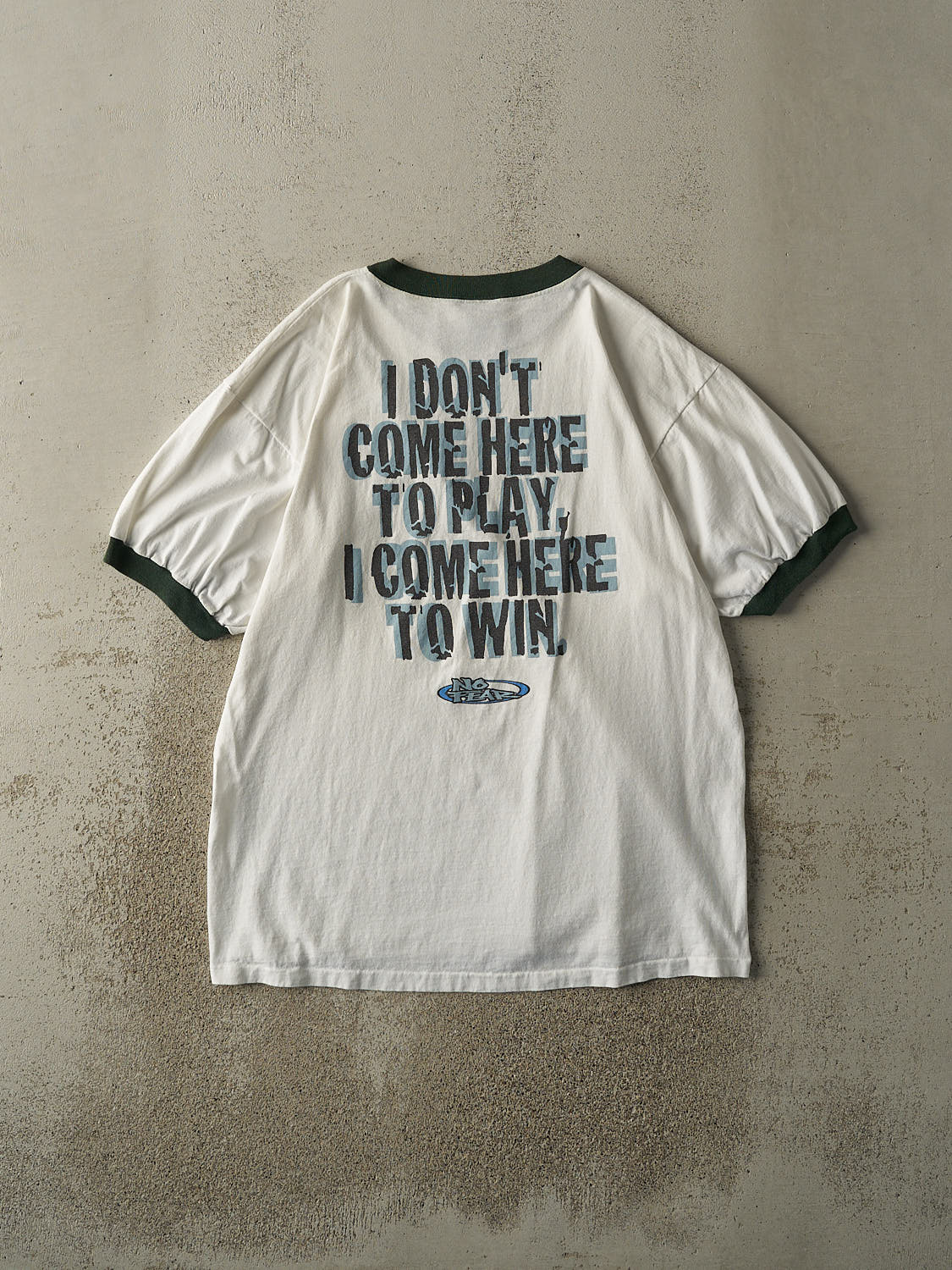 Vintage Y2K White & Green No Fear "I Come Here To Win" Slogan Ringer Tee (XL)