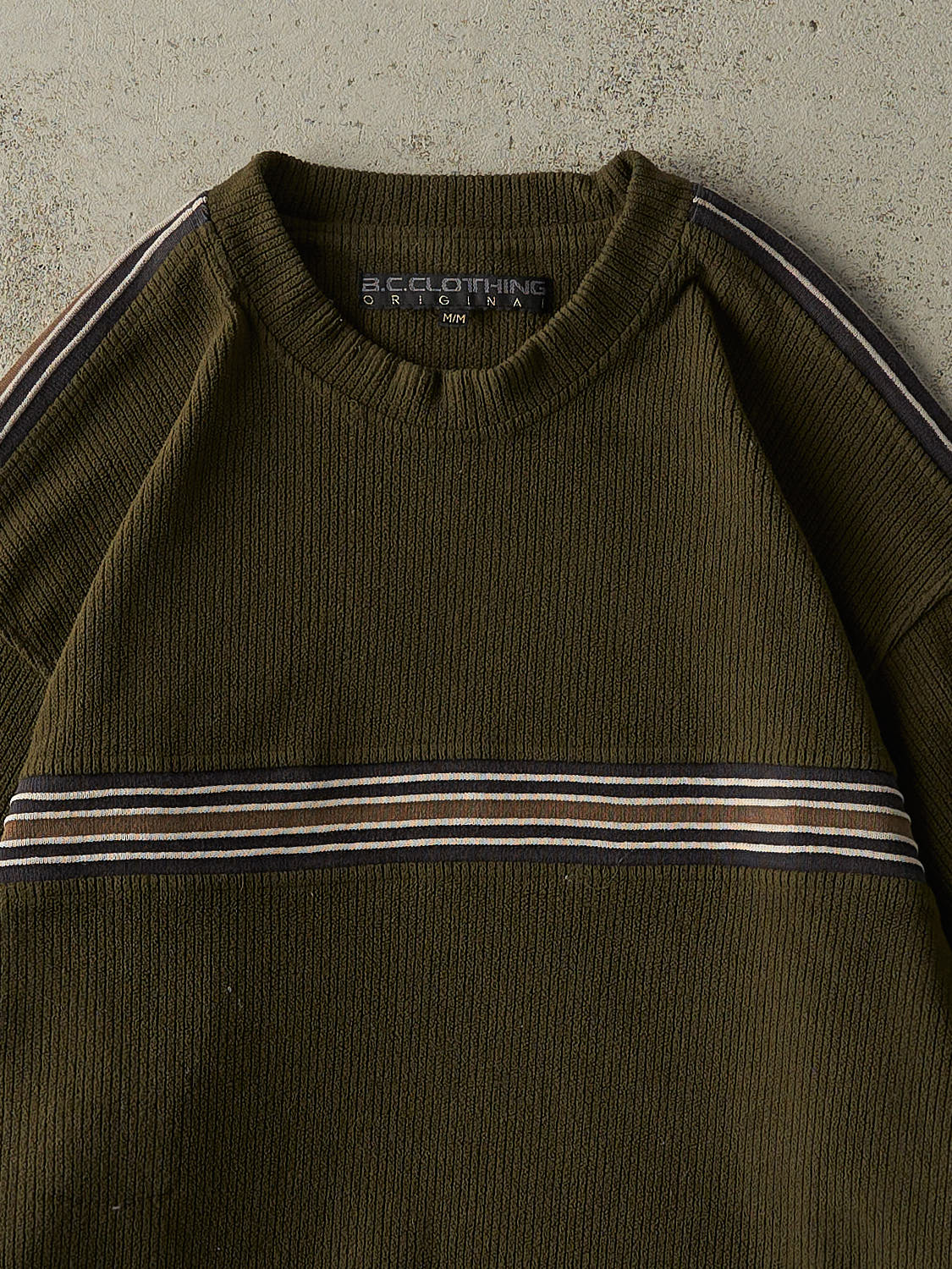 Vintage Y2K Green Striped BC Clothing Textured Long Sleeve (L/XL)