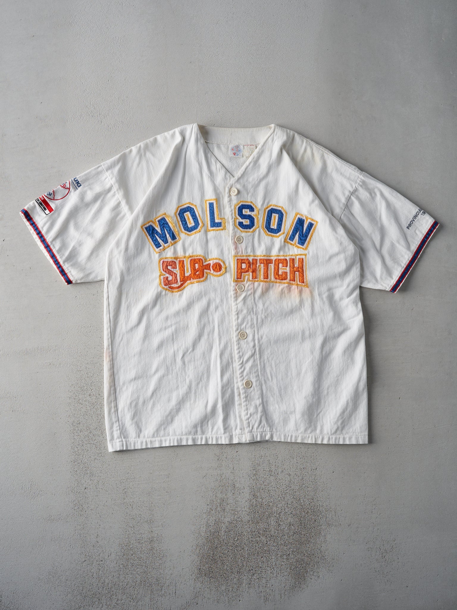 Vintage 93' White Molson SLO Pitch Cotton Baseball Jersey (L)