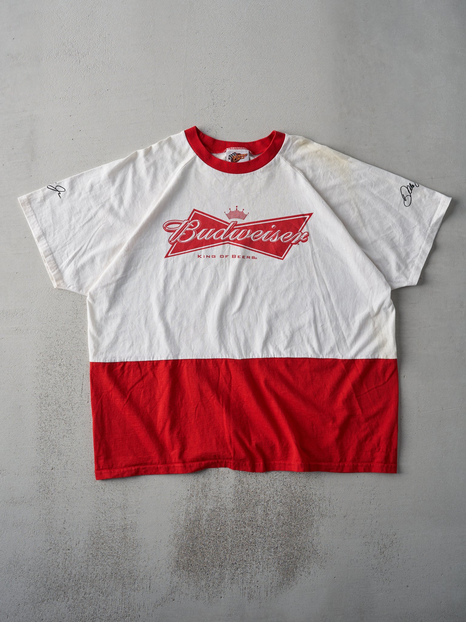 Vintage 90s Red and White Budweiser Dale Jr Racing Tee (XL)