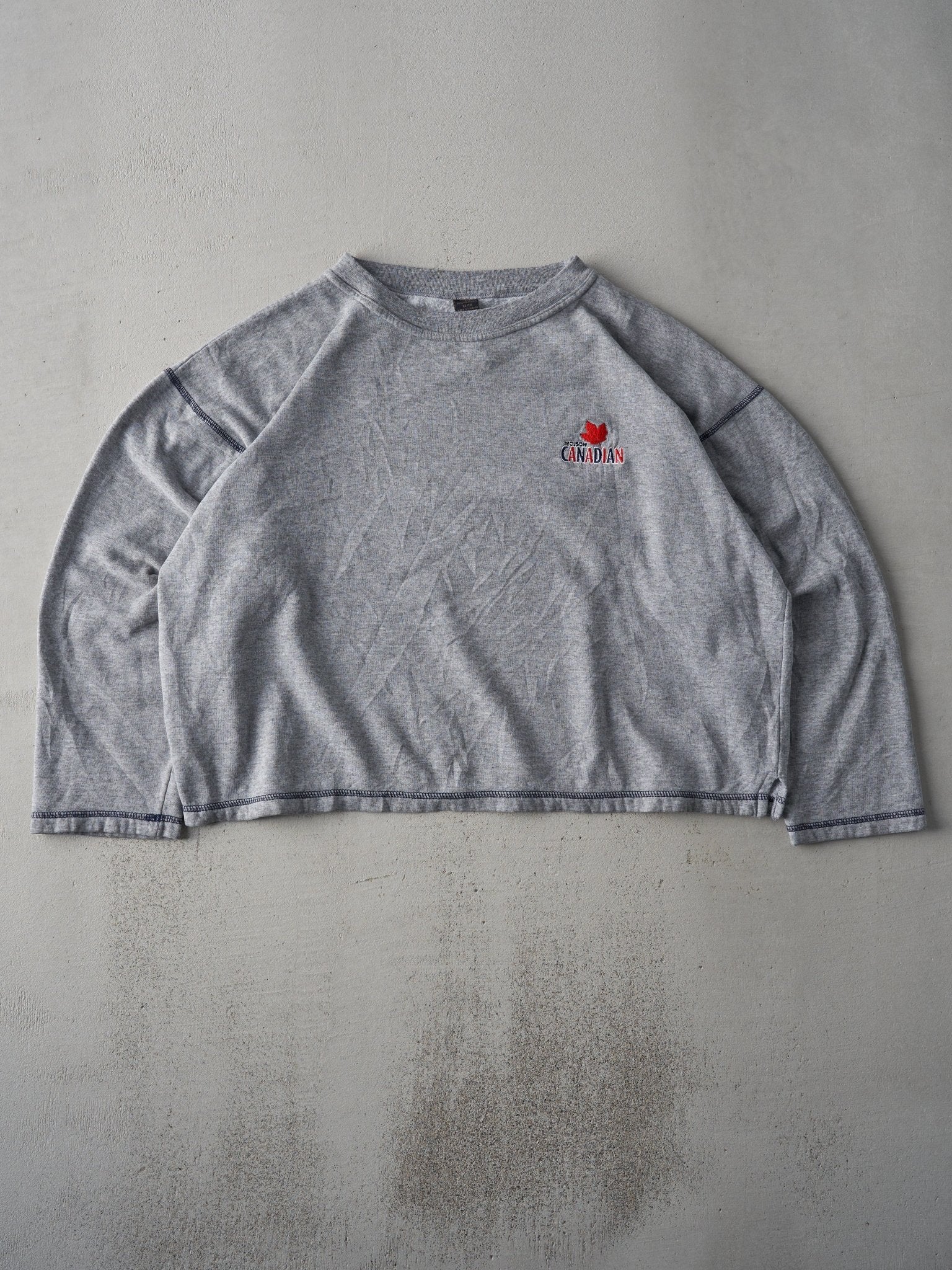 Vintage 90s Grey Embroidered Molson Canadian Cropped Crewneck (XL)