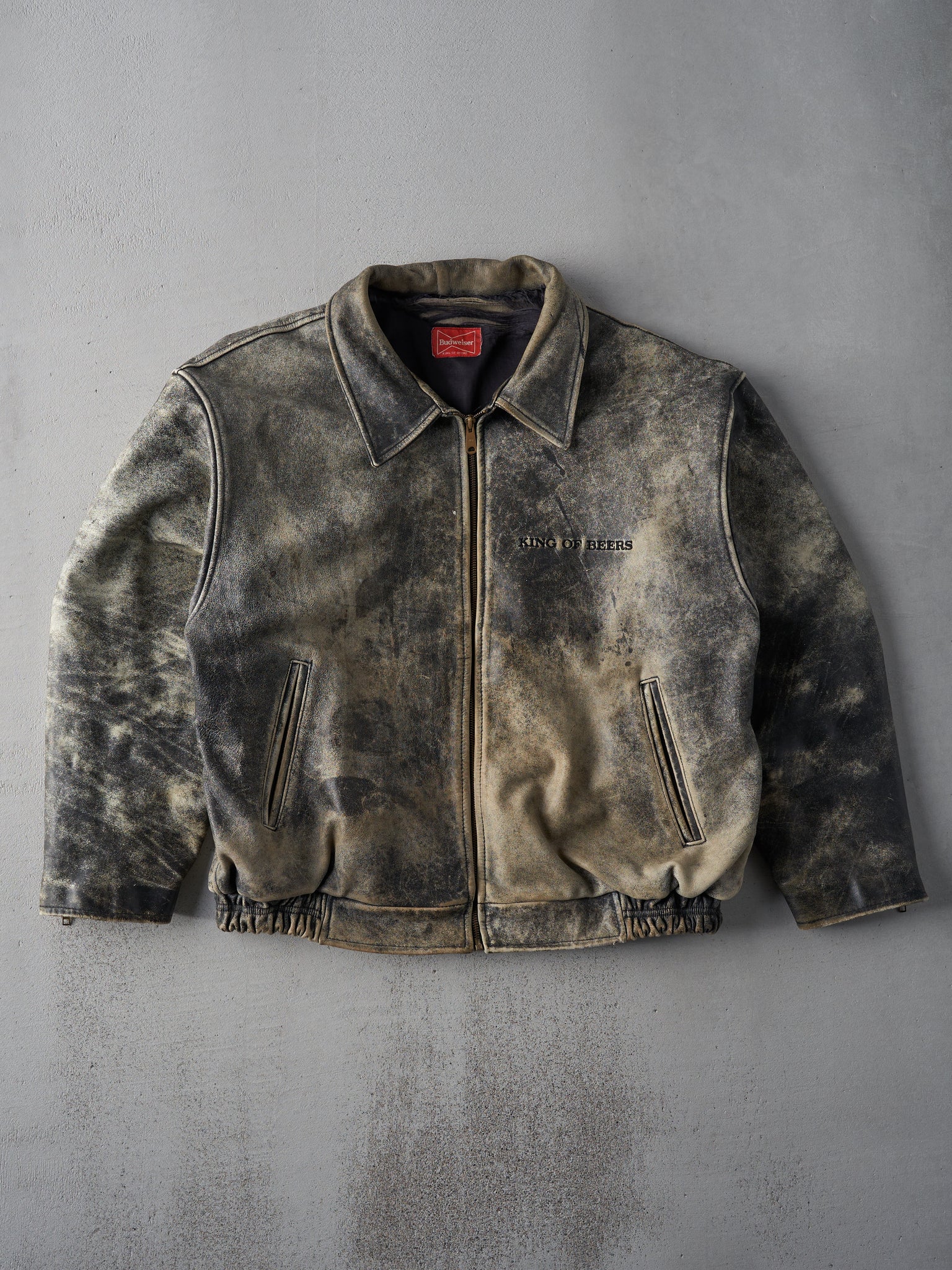 Vintage 90s Bleached Black Budweiser Leather Jacket (L/XL)