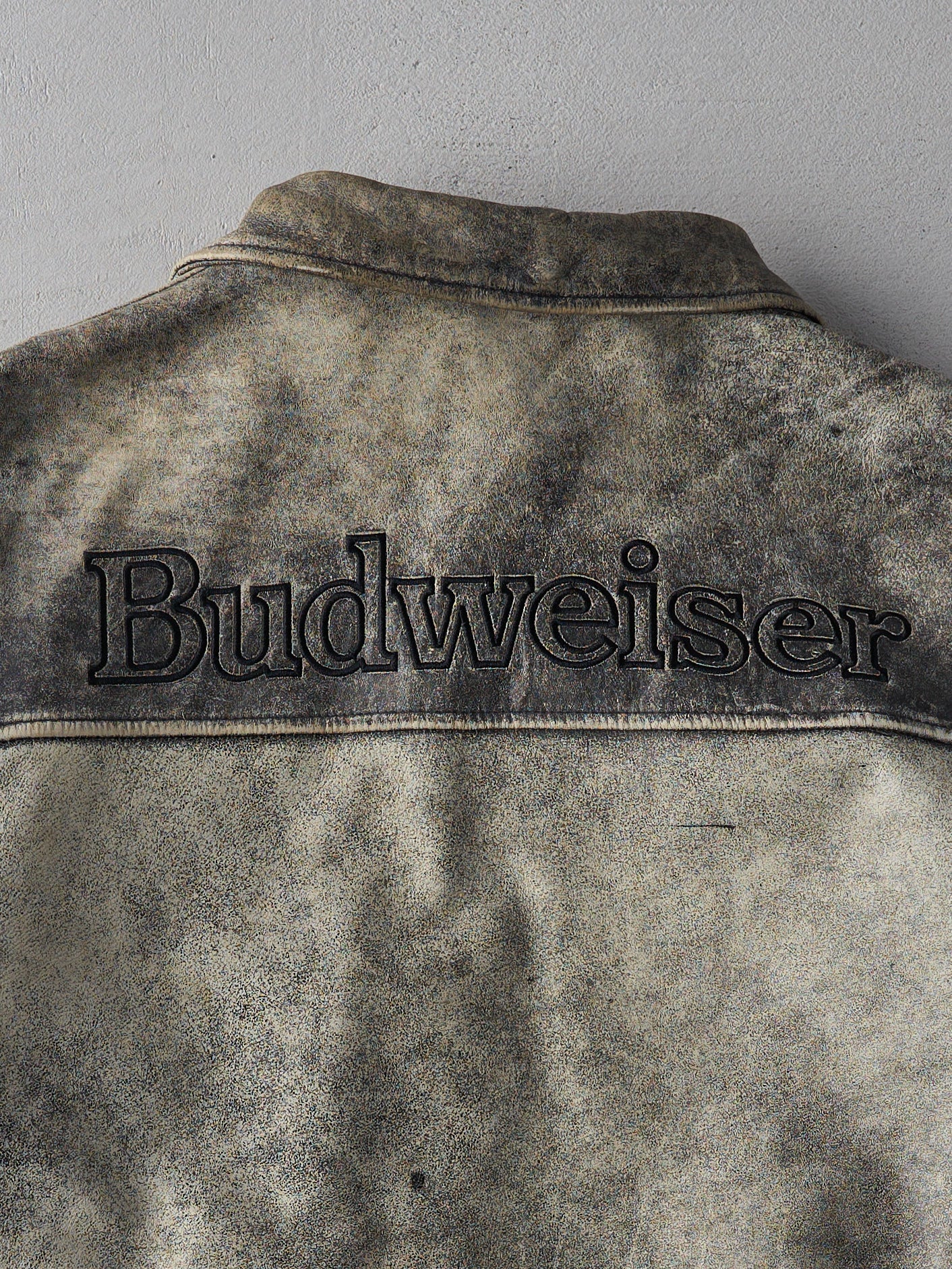 Vintage 90s Bleached Black Budweiser Leather Jacket (L/XL)