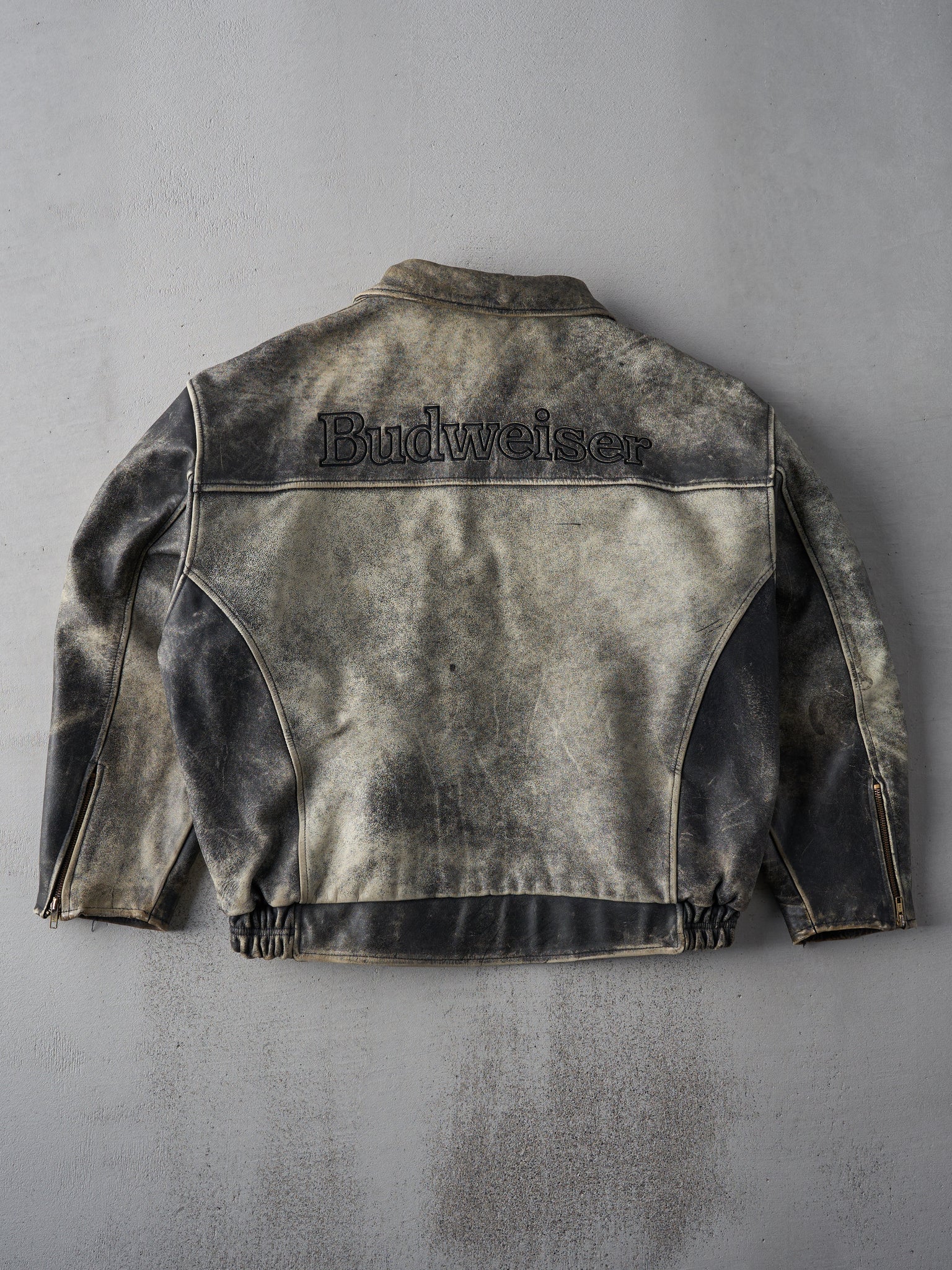 Vintage 90s Bleached Black Budweiser Leather Jacket (L/XL)