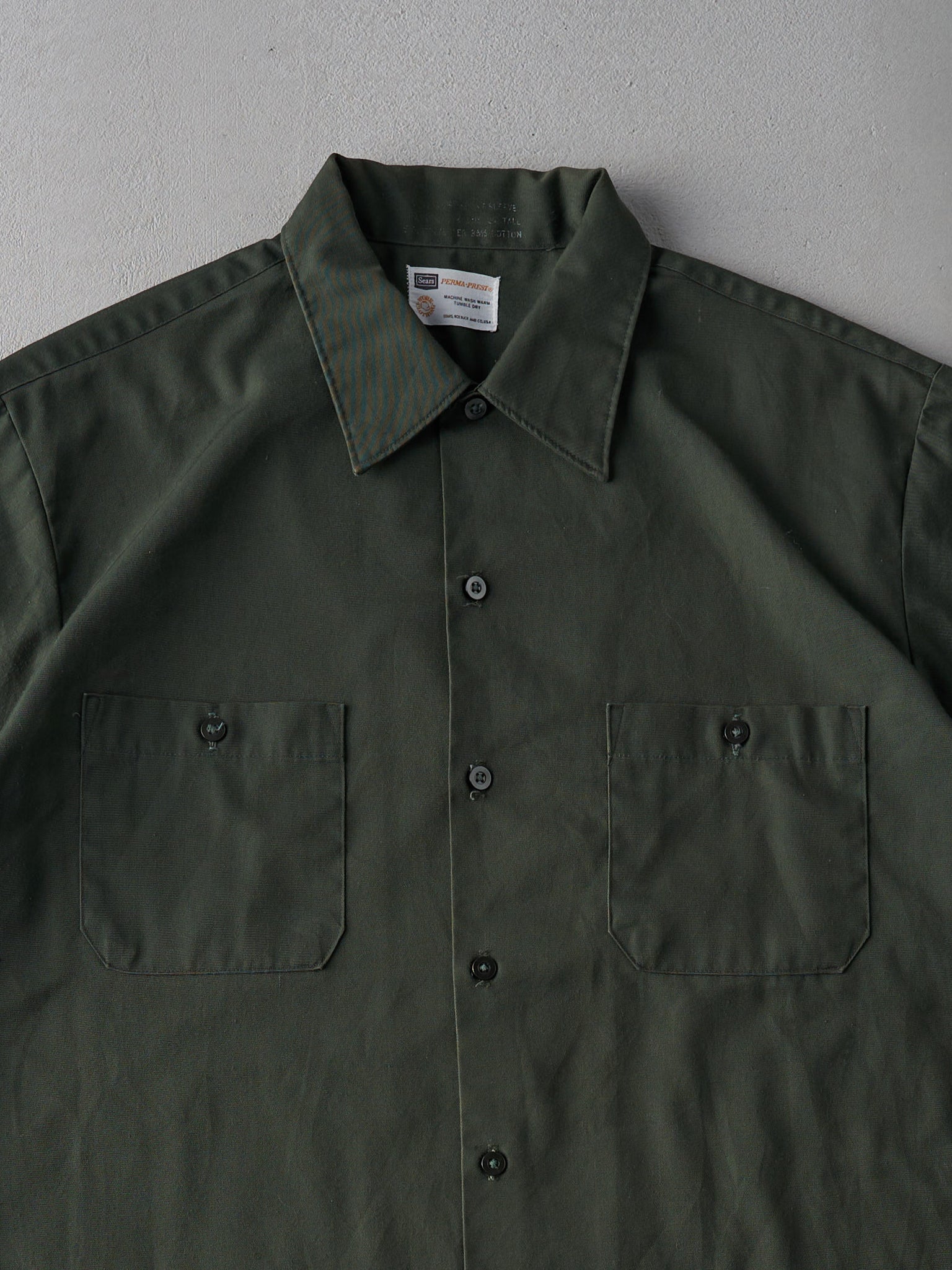 Vintage 70s Army Green Sears Tall Button Up Shirt (L)