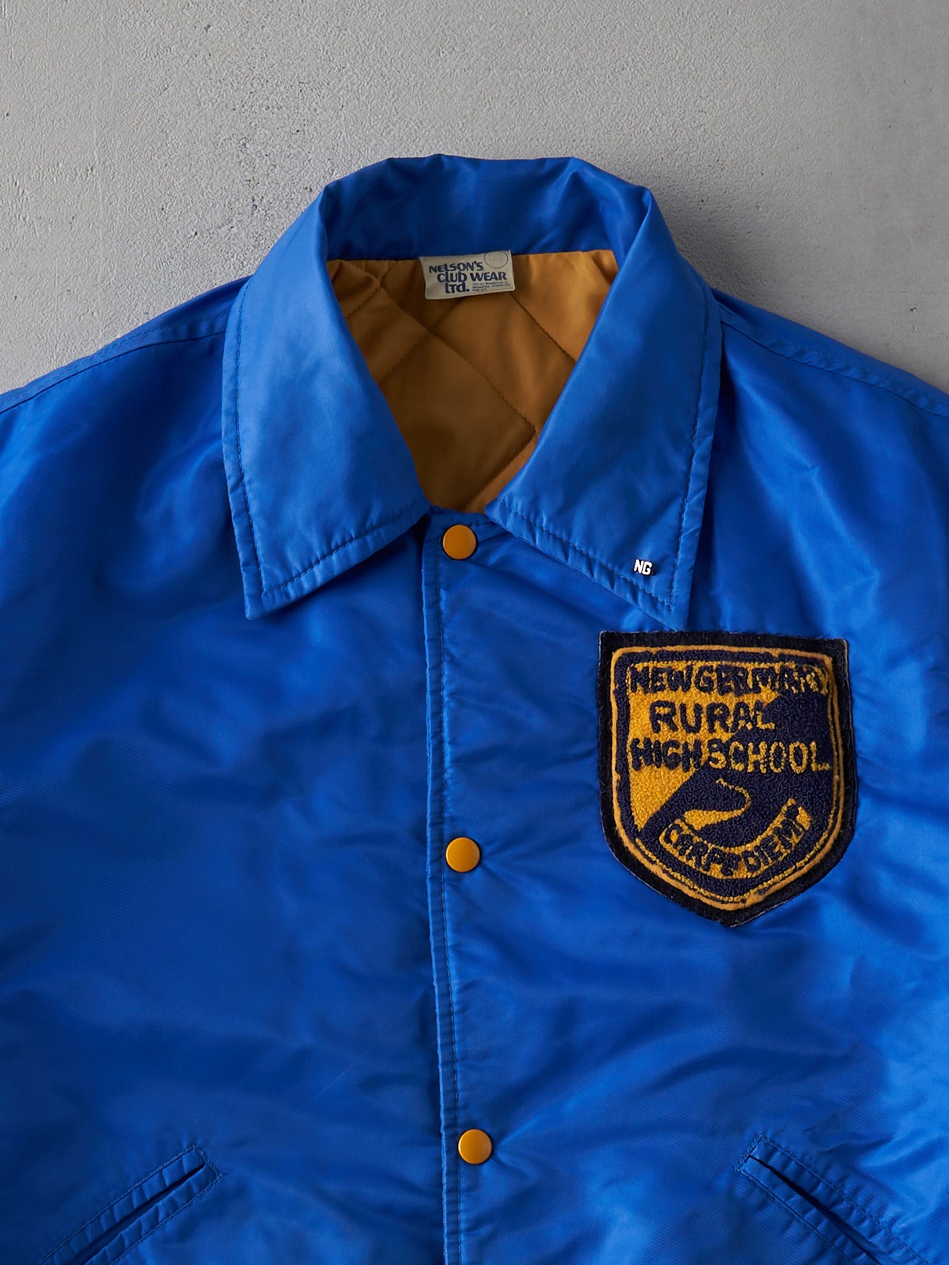 Vintage 70s Blue and Yellow Highschool Satin Varsity Bomber Jacket (M)