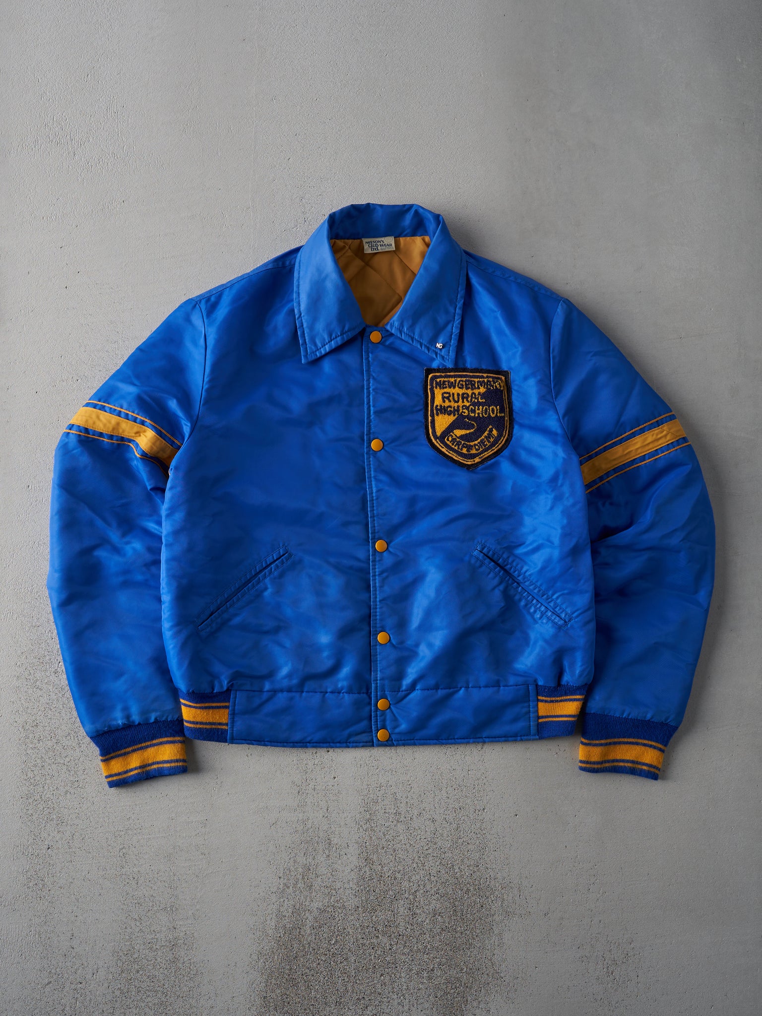 Vintage 70s Blue and Yellow Highschool Satin Varsity Bomber Jacket (M)